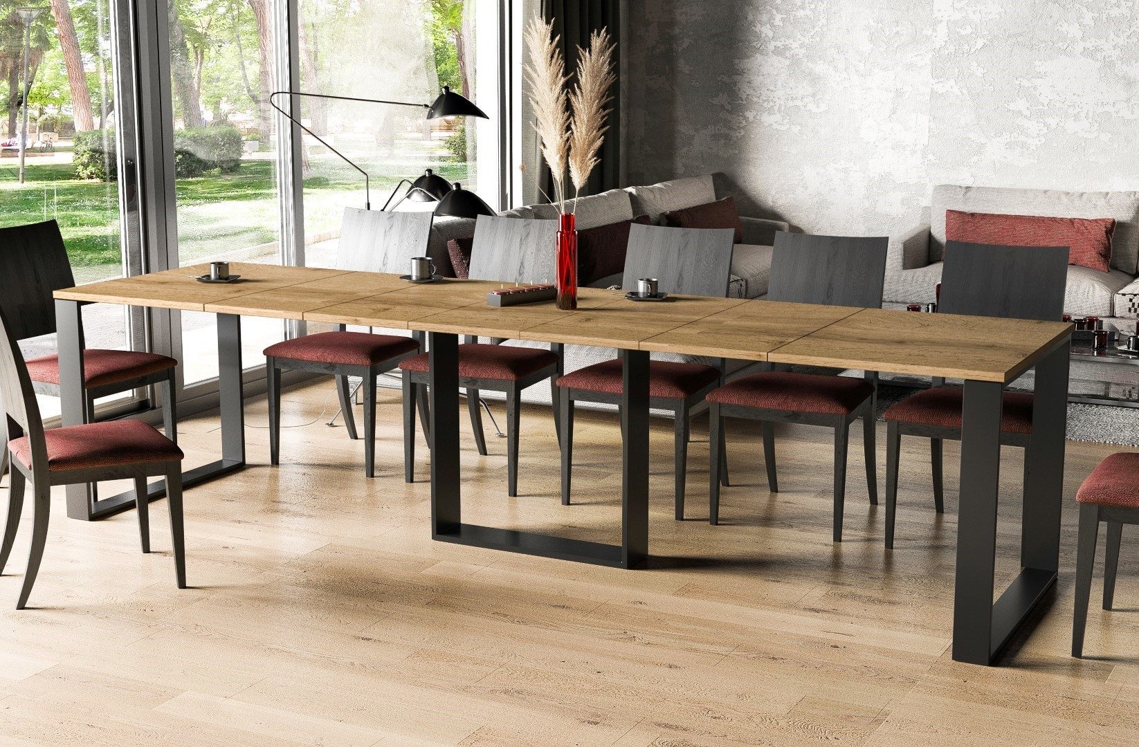 Endo-Moebel Kulissen-Esstisch "Borys 290" 130cm-290cm Kufengestell Metall Kulissentisch ausziehbar, elegant, stabil, 40cm Erweiterungsplatten, lang und groß, XL