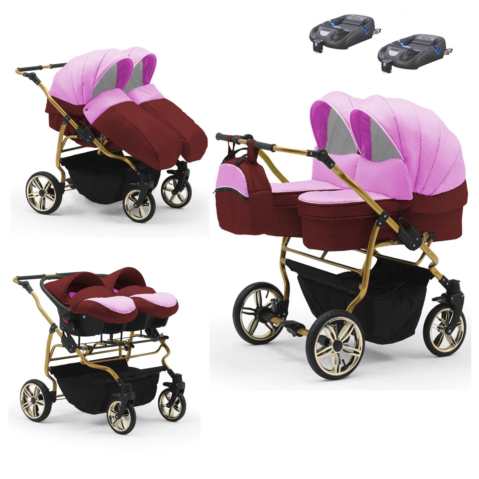 babies-on-wheels Zwillingswagen Zwillingswagen Duet Lux Gold 4 in 1 - 15 Teile - in 33 Farben Pink-Bordeaux | Geschwisterwagen
