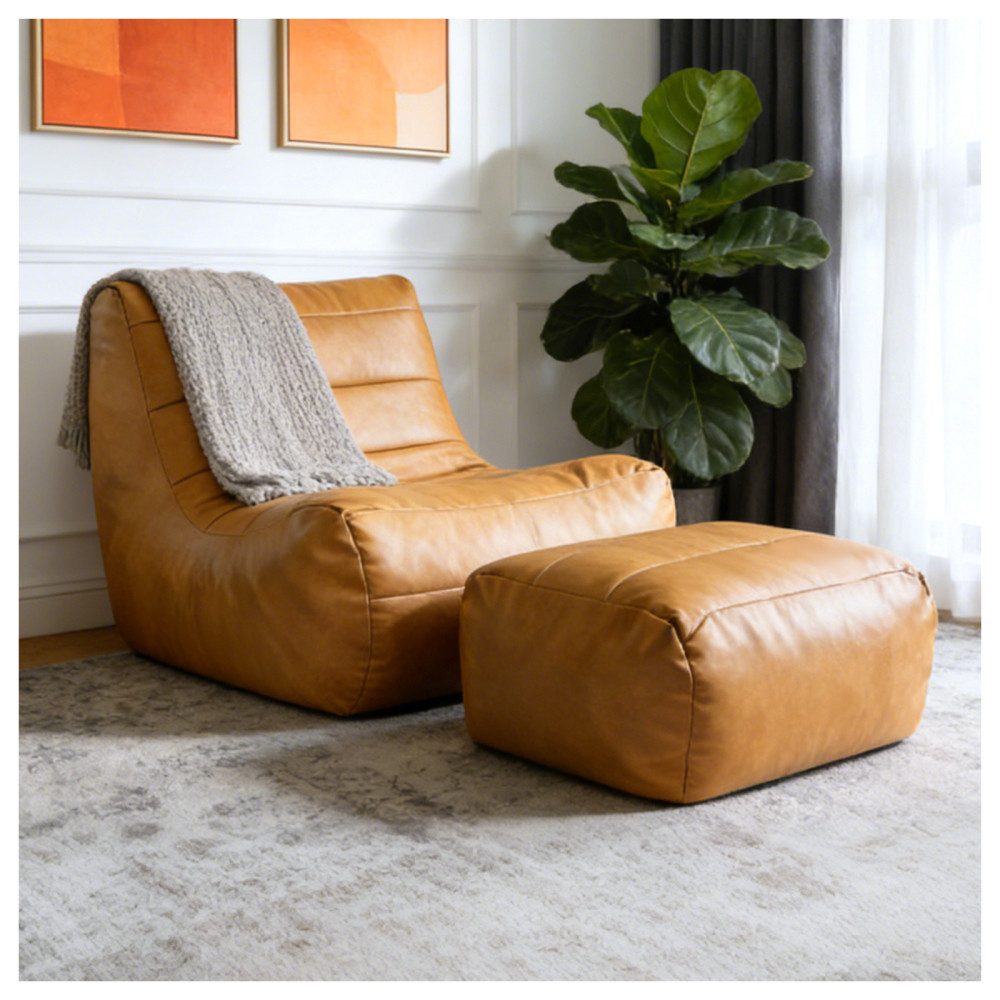 BBG Ottomane Loungesessel mit Hocker Braun, Bodensessel 1 Sitzer Sofa, Sessel Relaxsessel Fernsehsessel Lesesessel ohne Montage, ergonomisch gepolstert Flanell, kleiner Sessel