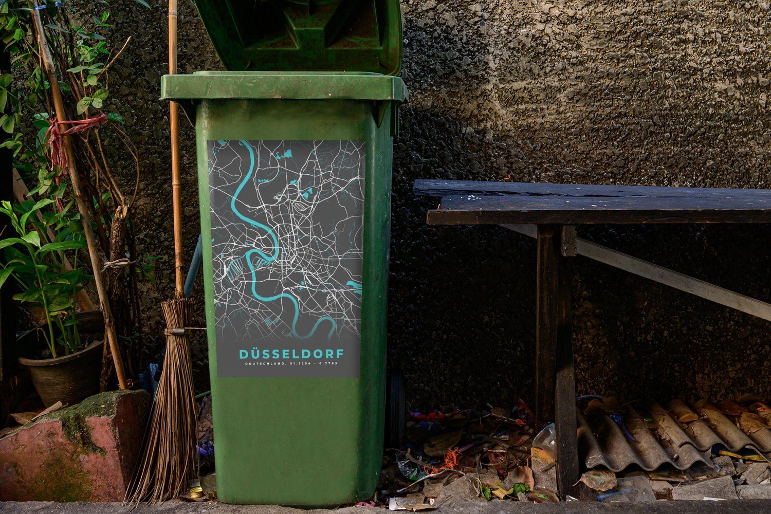 - Karte St), Container, Mülltonne, Deutschland Wandsticker - Abfalbehälter MuchoWow Stadtplan - - Düsseldorf (1 Sticker, Blau Mülleimer-aufkleber,