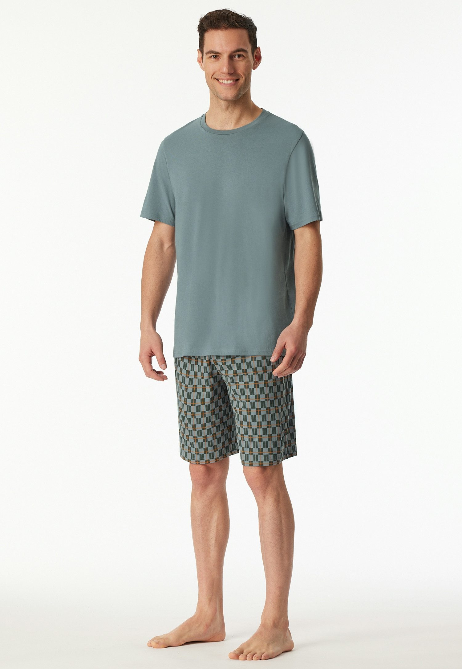 Schiesser Pyjama Casual Essentials (2 tlg., 0) mit unifarbenem Oberteil und gemusterter Hose