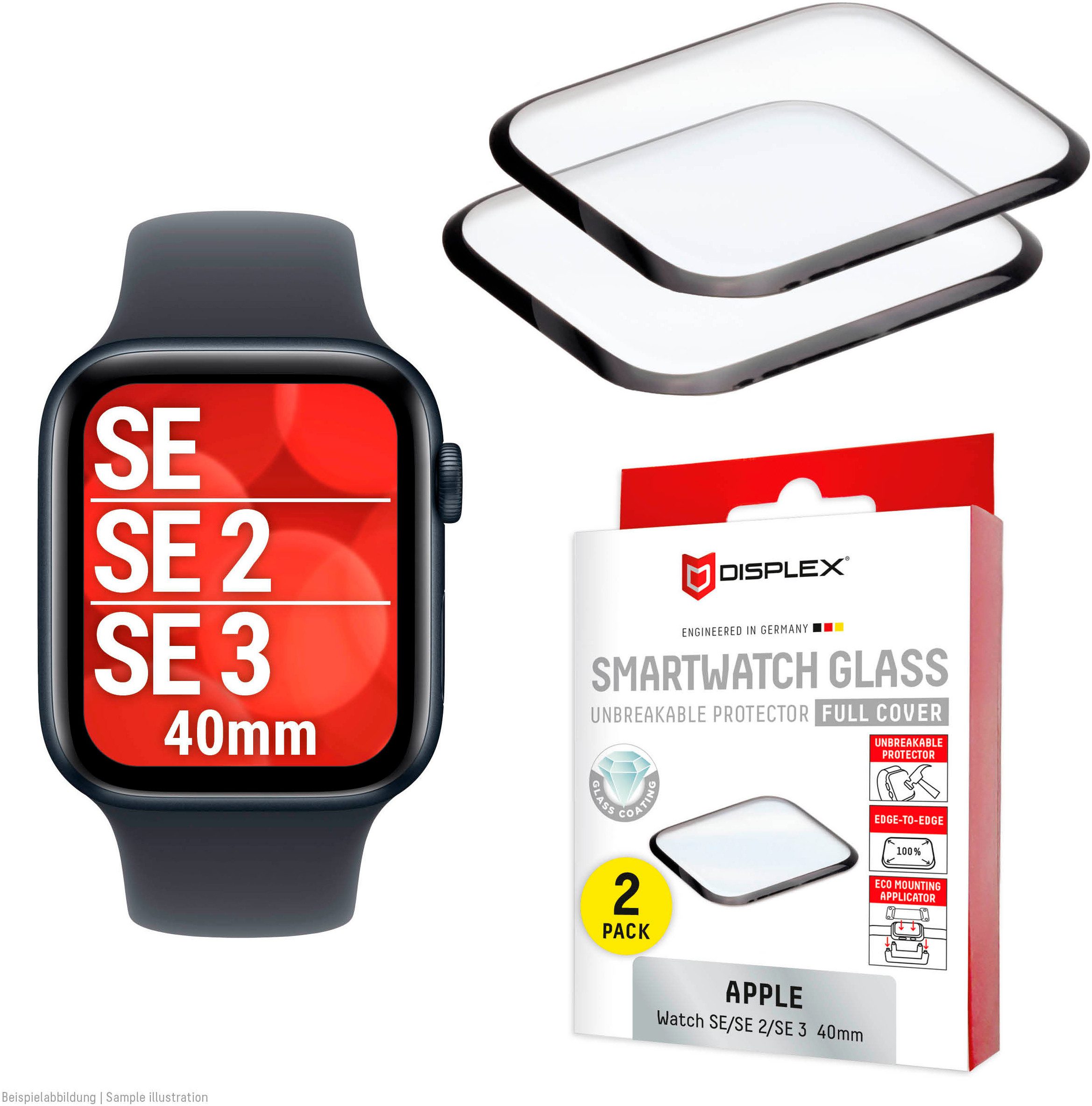 Displex Displayschutzglas Smartwatch Glass Unbreakable Protector Full Cover für Apple Watch SE 2 40 mm, Apple Watch SE 3 40 mm, Apple Watch SE 40 mm, Packung, Displayschutzfolie, Schutzfolie, Bildschirmschutz, kratz- & stoßfest