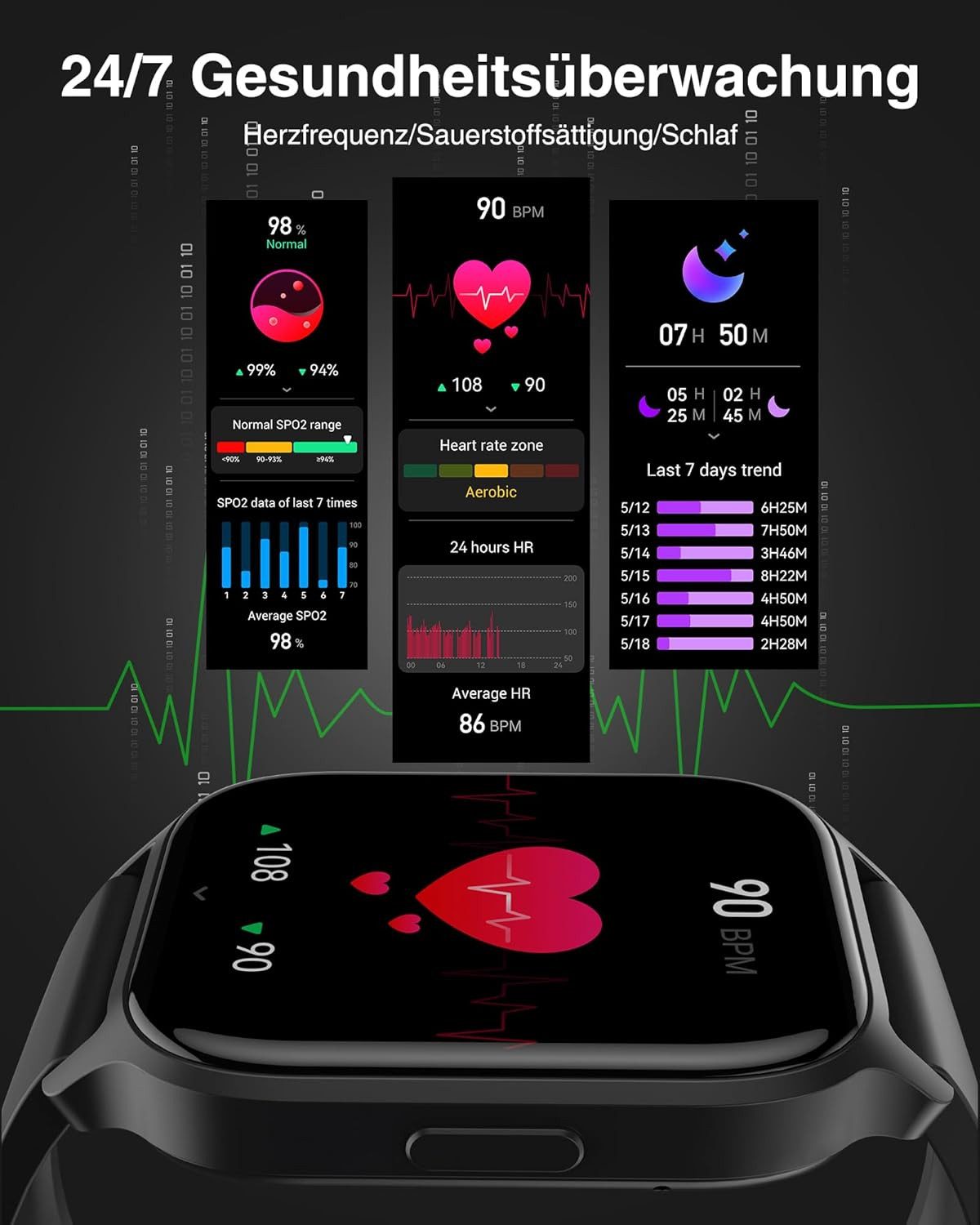 Zevelora Herren-Damen-mit-Telefonfunktion Smartwatch (1,85 Zoll, Android/iOS), mit 112+ Sportmodi Fitness-Tracker Schrittzähler, SchlafüBerwachung – Bild 2 von 5