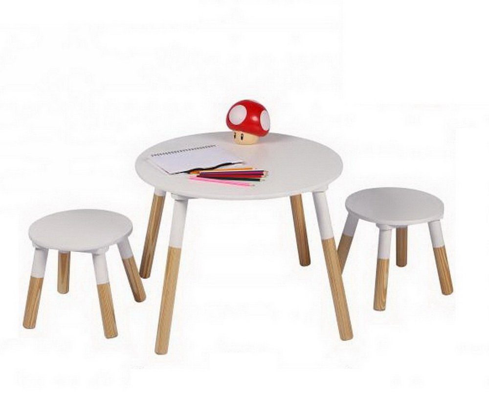 Judy Wild Kindersitzgruppe Kindertisch Spieltisch mit 2 Hockern weiß, KinderTisch mit zwei Stühlen