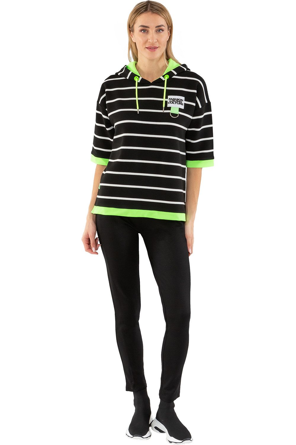 3/4 Arm-Pullover 193-7104, Estefania for woman Pullover Neon Grün abgesetzt mit Kapuze
