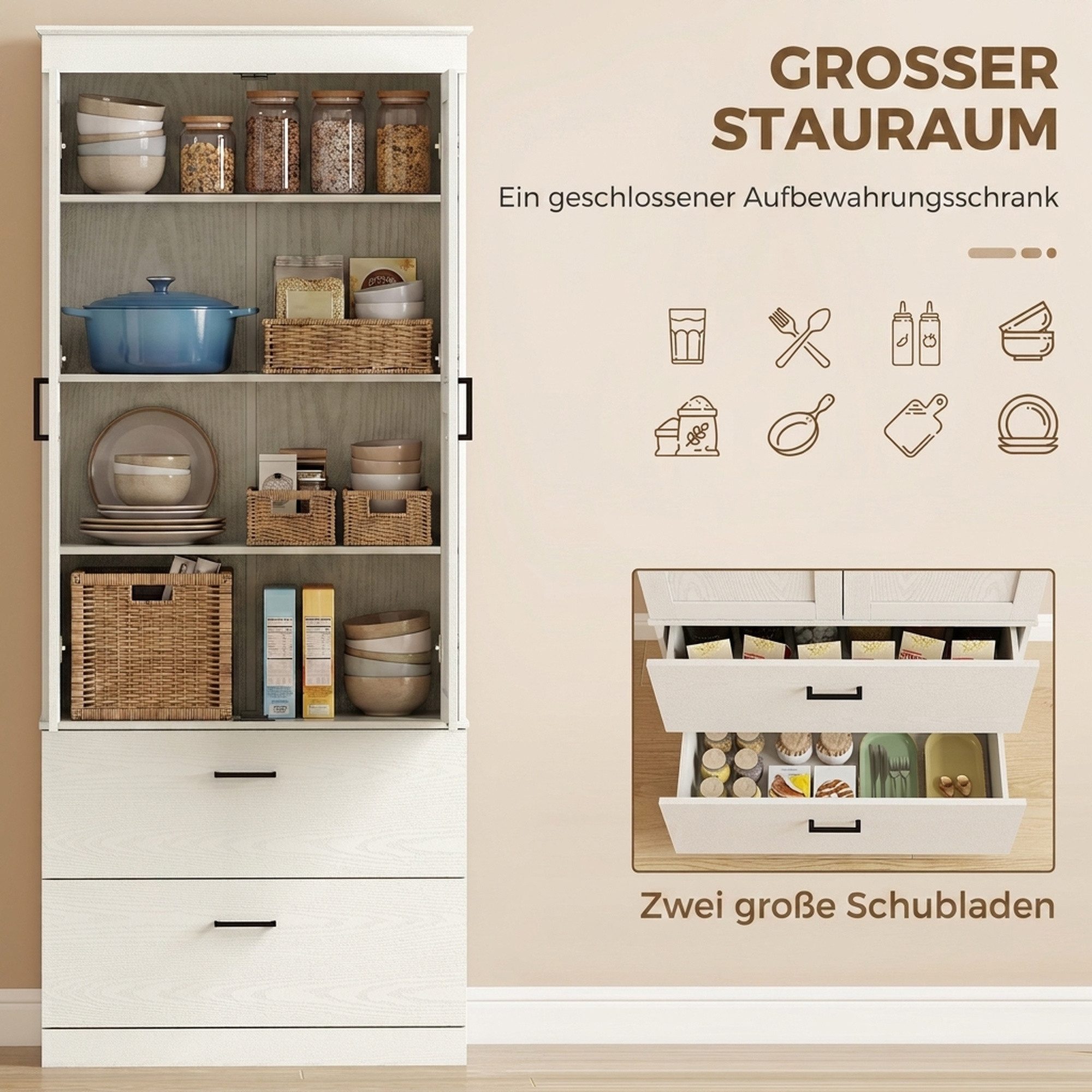HOMCOM Hochschrank Buffetschrank mit 2 Schubladen (Set, 1-St., 1er Set) Kippsicherung, verstellbare Einlegeböden – Bild 4 von 5