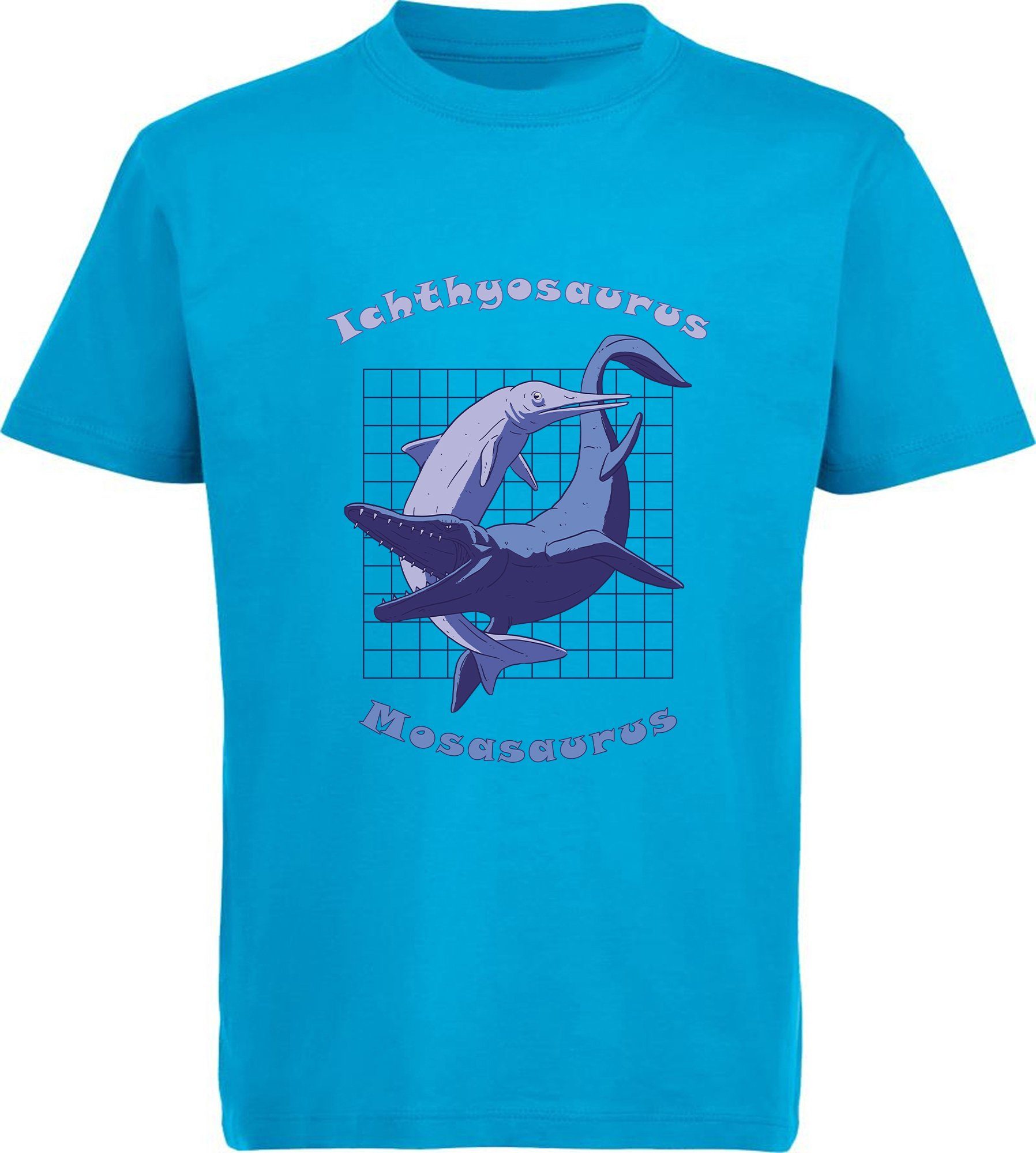 MyDesign24 Print-Shirt bedrucktes Kinder T-Shirt mit Ichthyosaurus und Mosasaurus Baumwollshirt mit Dino, schwarz, weiß, rot, blau, i89 aqua blau