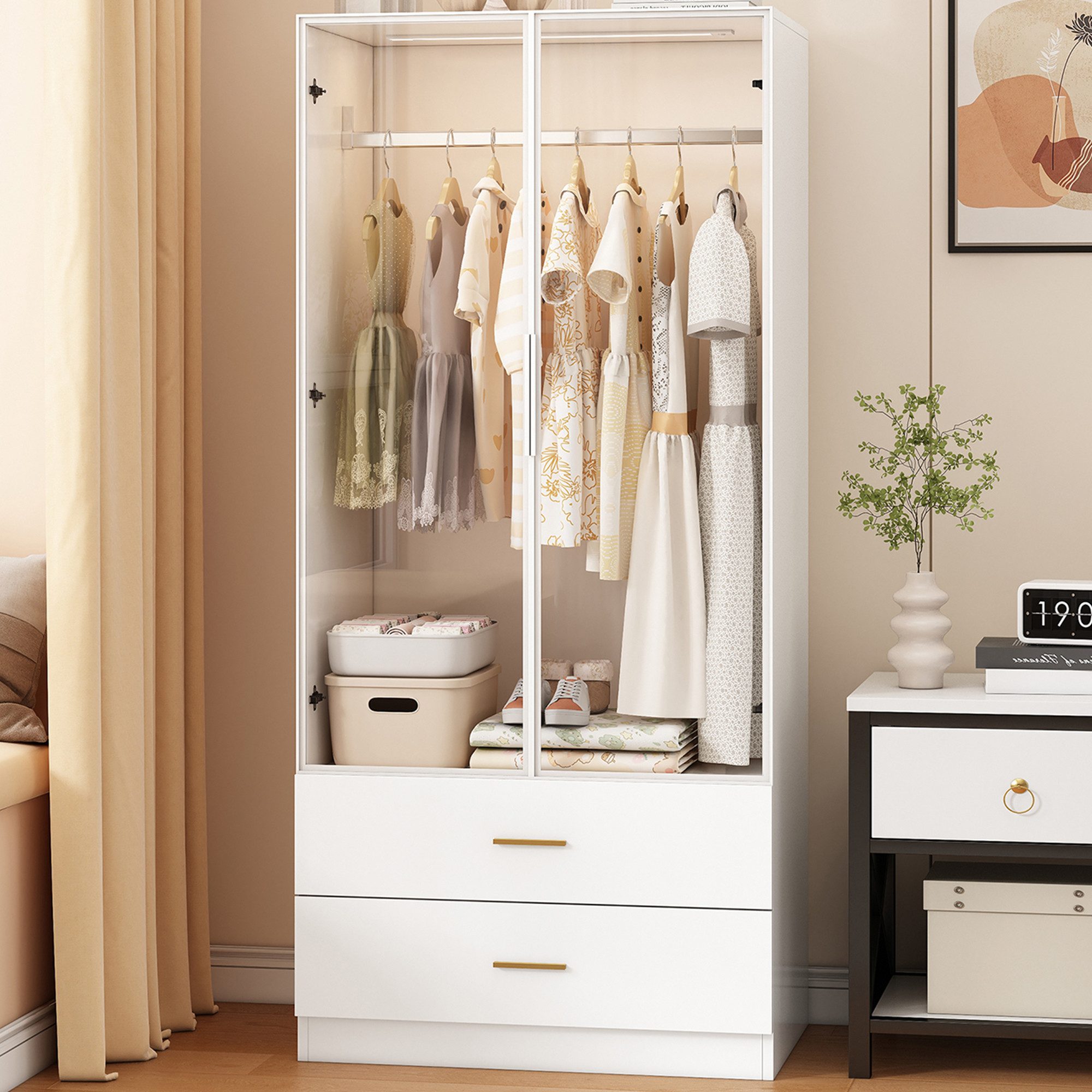 FUROKOY Kleiderschrank Drehtürenschrank Weiß mit 2 Schubladen und Glastüren Garderobenschrank mit Kleiderstange,Garderoben Hochschrank