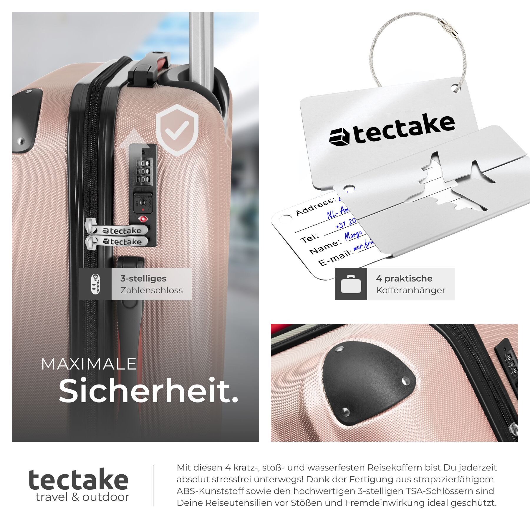 tectake Trolley Hartschalenkoffer-Set 9-teilig mit Kofferwaage und TSA-Zahlenschloss, 4 Rollen, mit Teleskopgriff, 360° drehbare, abnehmbare Rollen, abteilbar – Bild 5 von 5