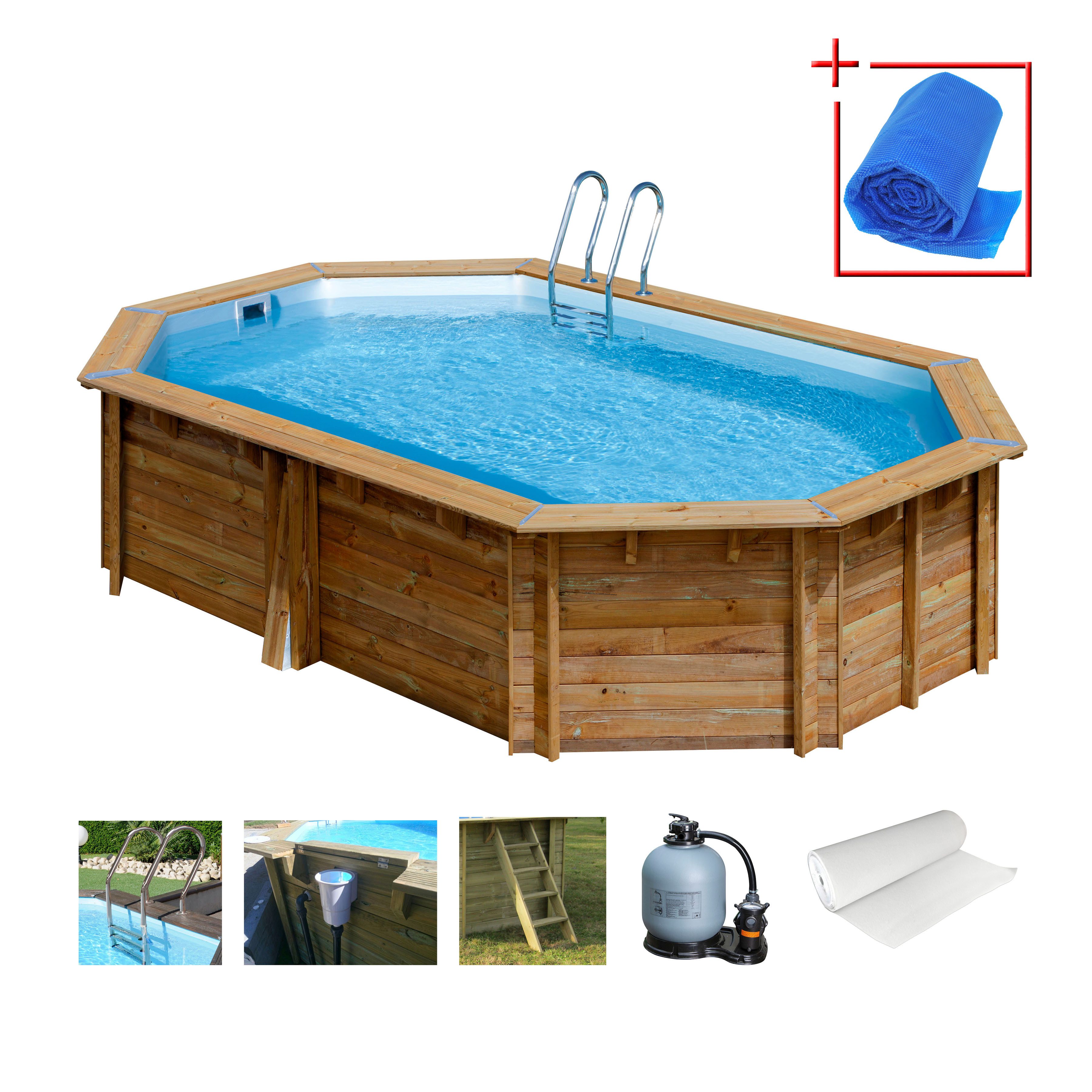 Gre Achteckpool SAFRAN 2 mit Edelstahlleiter (Set, 8-tlg), Kiefernholz, BxLxH: 395x620x136 cm