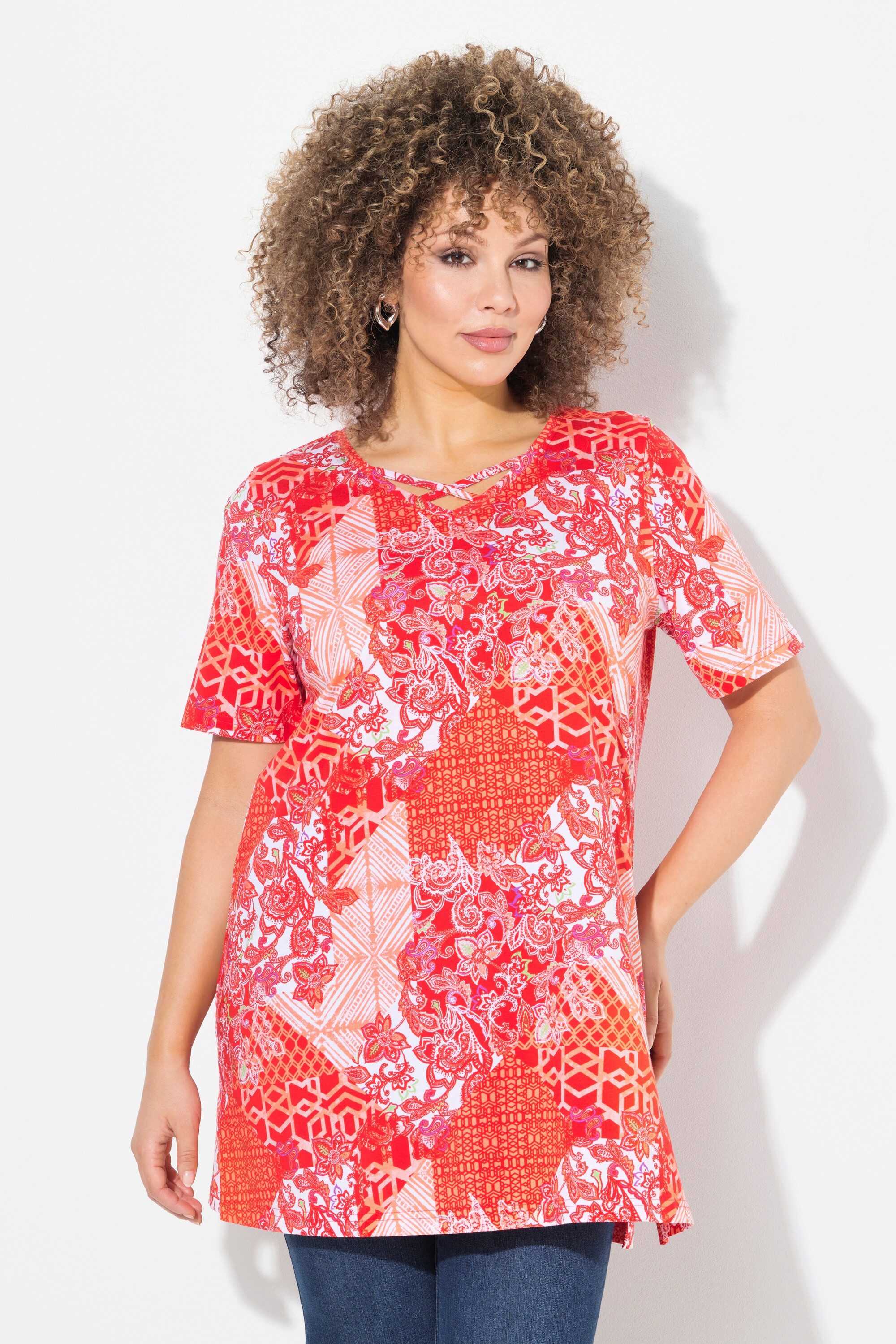 Ulla Popken Longshirt Longshirt Patchdruck A-Linie V-Ausschnitt Halbarm günstig online kaufen