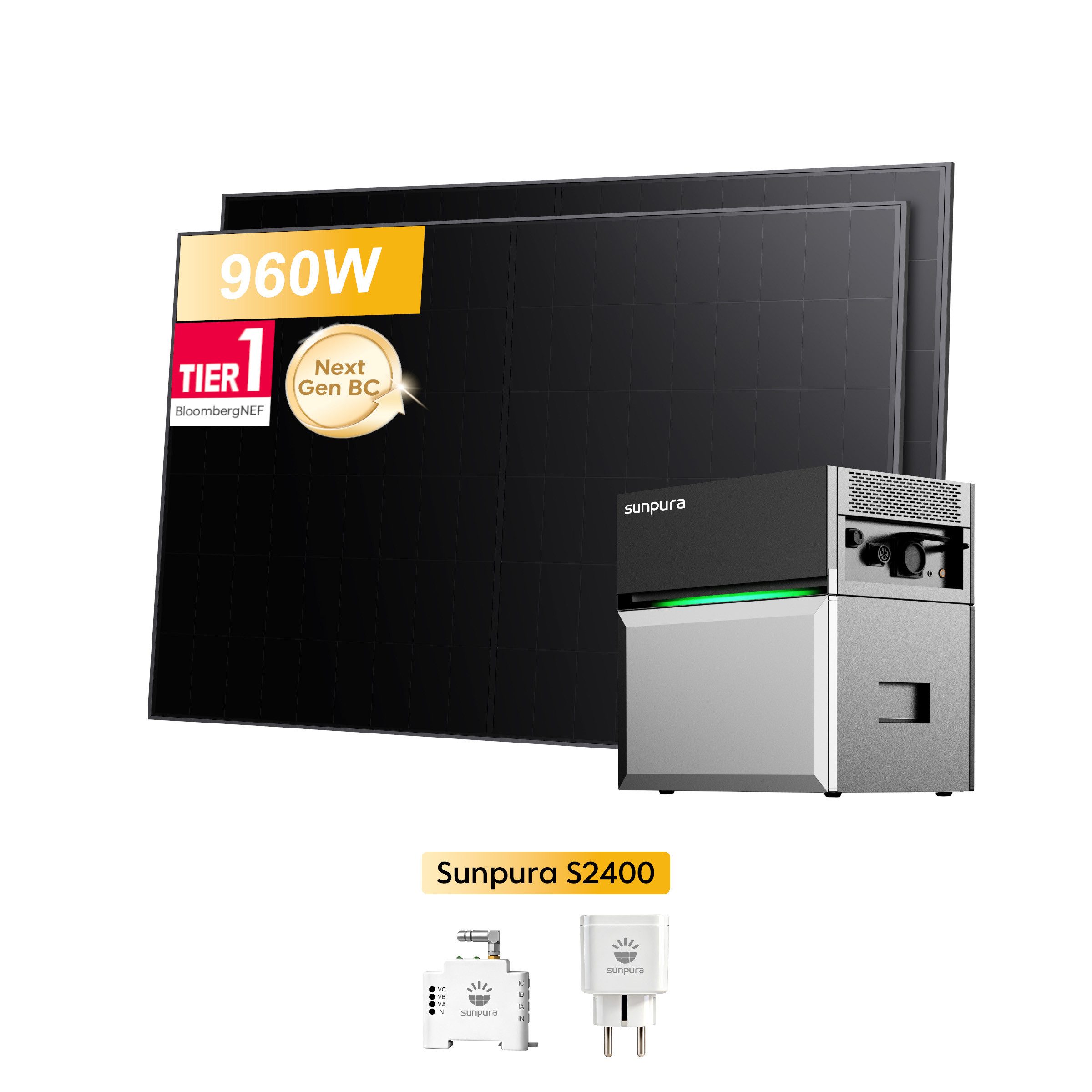 Sunpura Balkonkraftwerk Sunpura S2400 2,4kWh All-in-One Speichersystem mit 960W Solarmodule, (Gratisgeschenk: 1x Smart Meter und 1x Smart Steckdose), 2x 480Wp Full Black im Lieferumfang enthalten