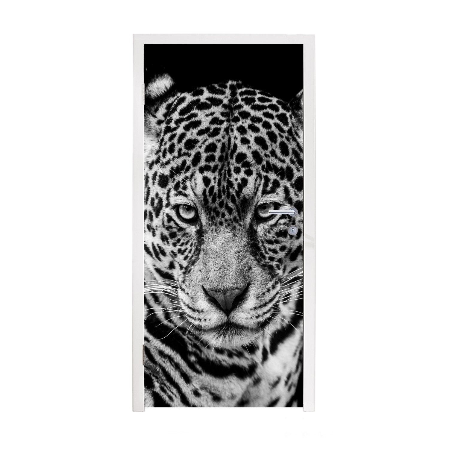 MuchoWow Türtapete Leopard - Tiere - Schwarz - Weiß - Porträt, Matt, bedruckt, (1 St), Fototapete für Tür, Türaufkleber, 75x205 cm