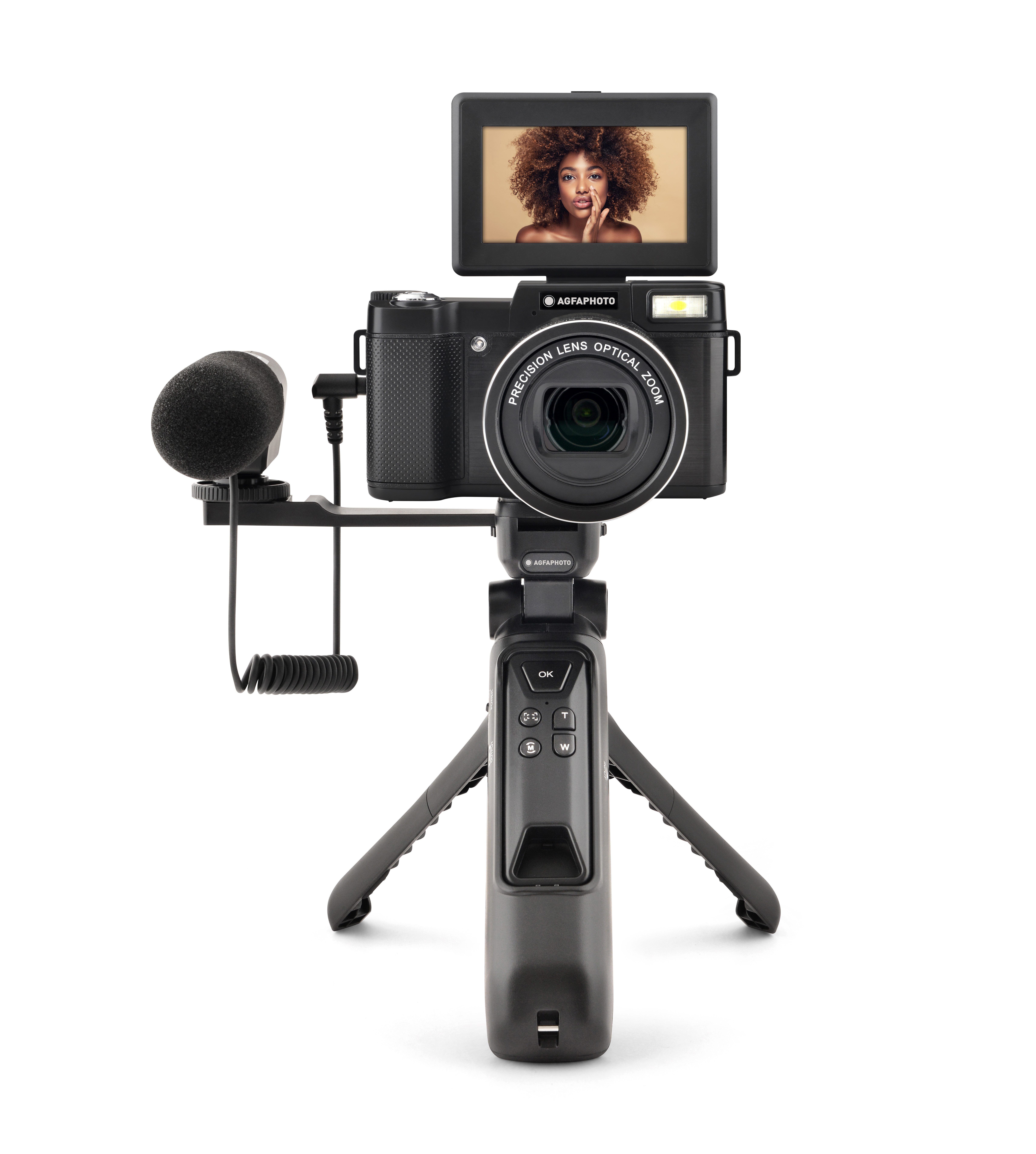 AGFA Realishot Vlogging Kit VLG4KOPT Videokamera (4K, 5x opt. Zoom, inklusive MicroSD-Karte 32GB, Powerbank-Stativ, Klappbildschirm, 5x optischer Zoom)