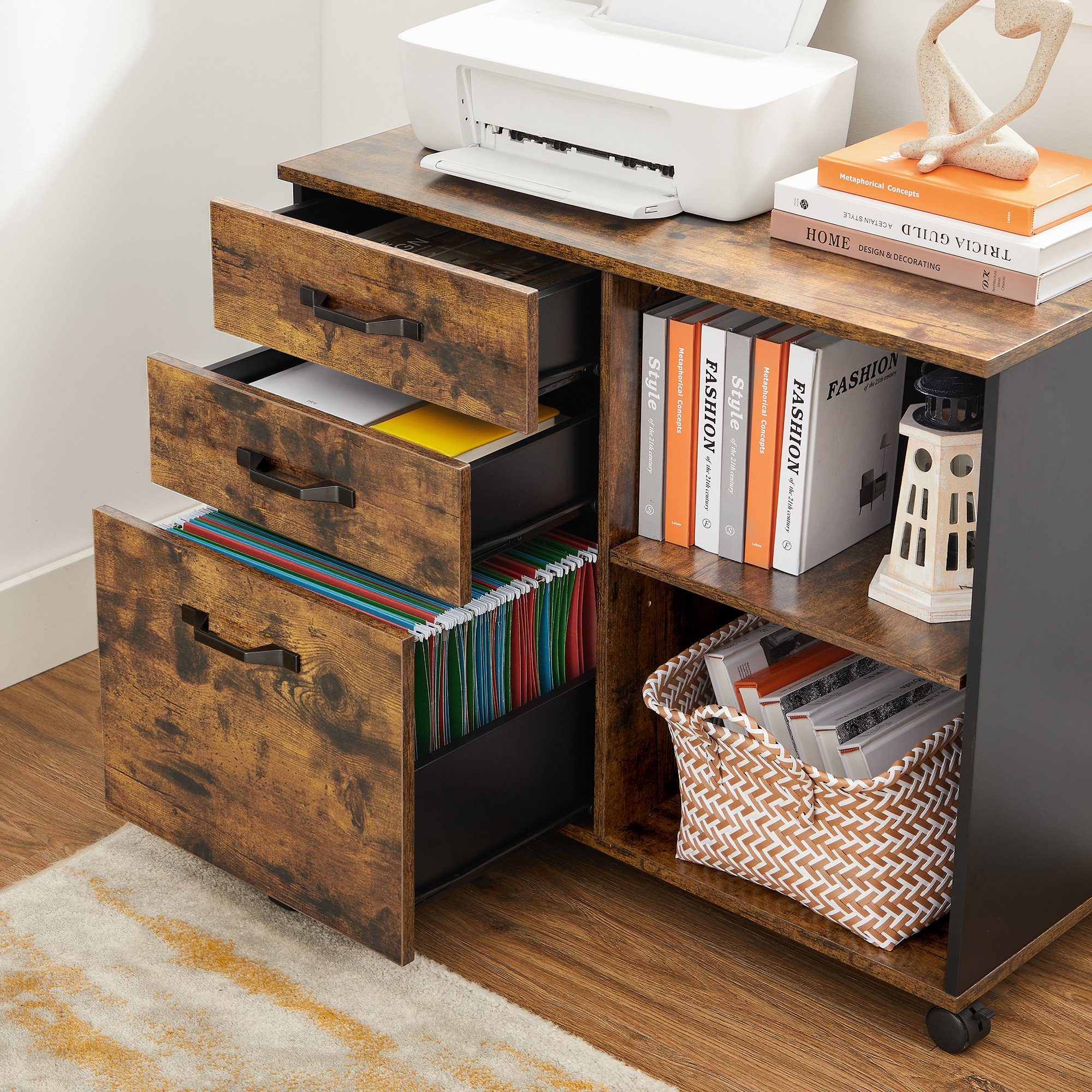VASAGLE Aktenschrank Rollcontainer Aktenschrank mit 3 Schubladen und Rollen Industrie-Design, offene Fächer, Druckerständer – Bild 5 von 5