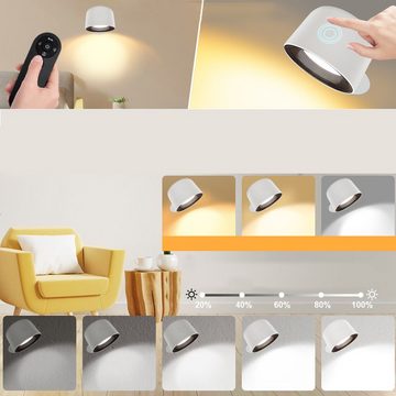 AKKEE LED Wandleuchte Wandleuchten Akku Wandlampe mit Fernbedienung & Touch Control, 3 Farbmodi und 5 Helligkeitsstufen Dimmbare, 360° Drehbare, LED fest integriert, Warmweiß, Wandlampe für Wohnzimmer Schlafzimmer Badezimmer Flur