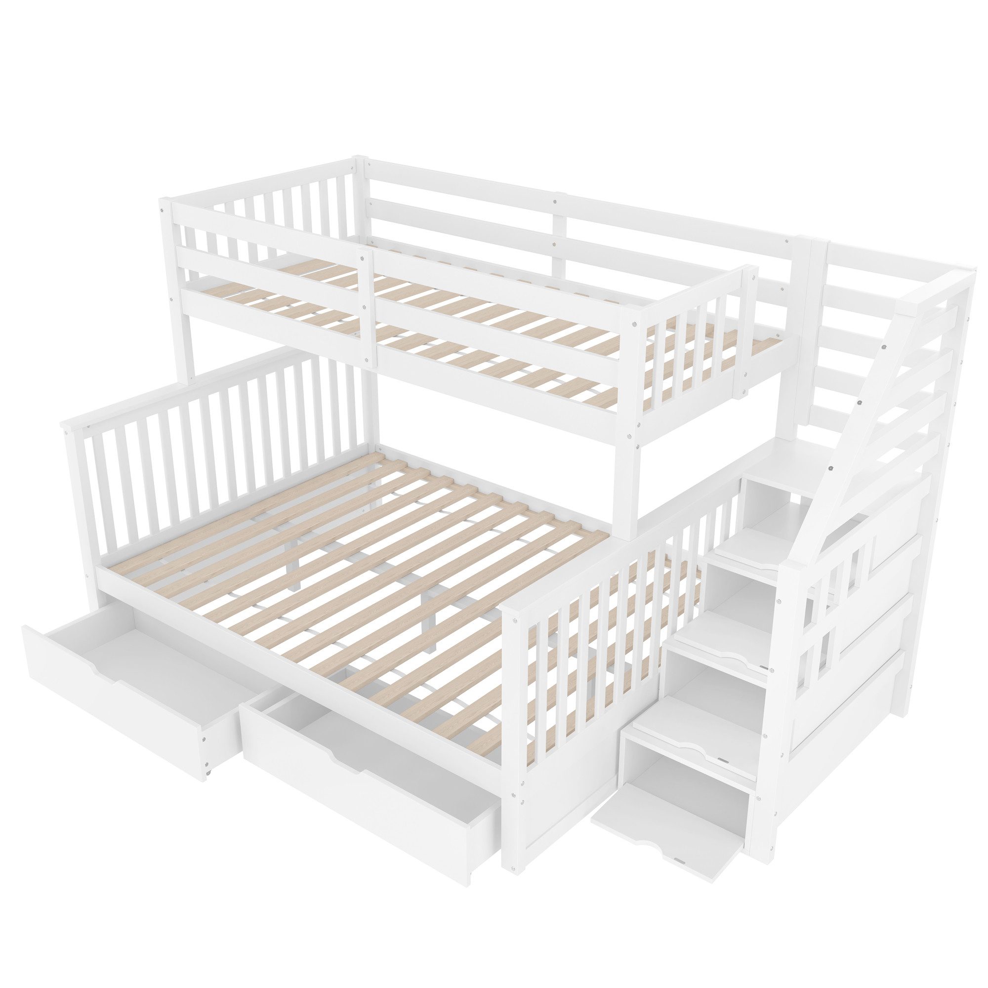 HAUSS SPOLE Bunk Bed 90/140x200 with Railing & Drawers, Youth Bed Frame with Stairs (with Storage and Drawers, Safety Rail, Multifunctional, Robust Design, 90 x 200 & 140 x 200 cm), without Mattress