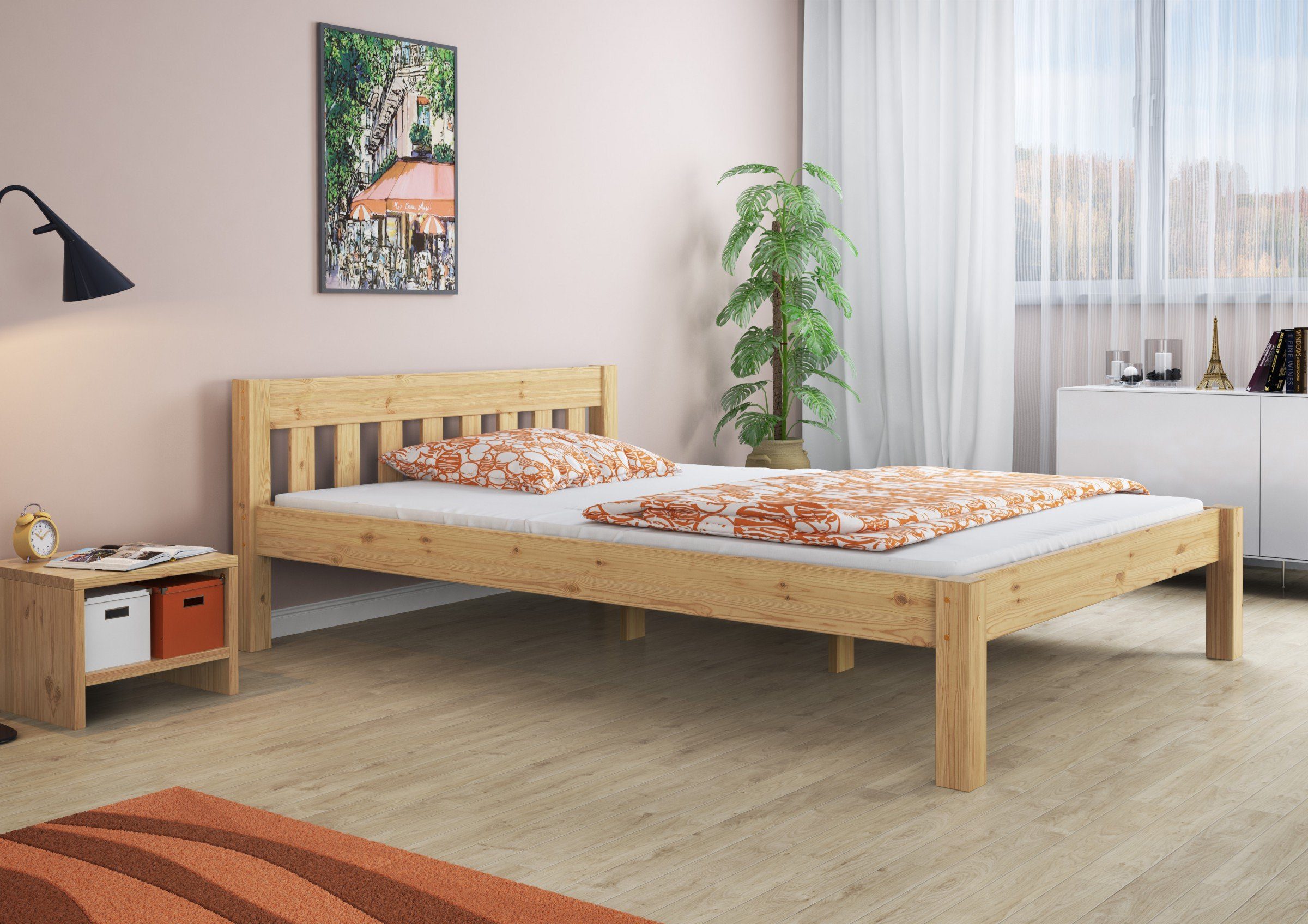 Kieferfarblos Matratze ERST-HOLZ durchgehender Bett mit 160x200, und Rost Doppelbett lackiert