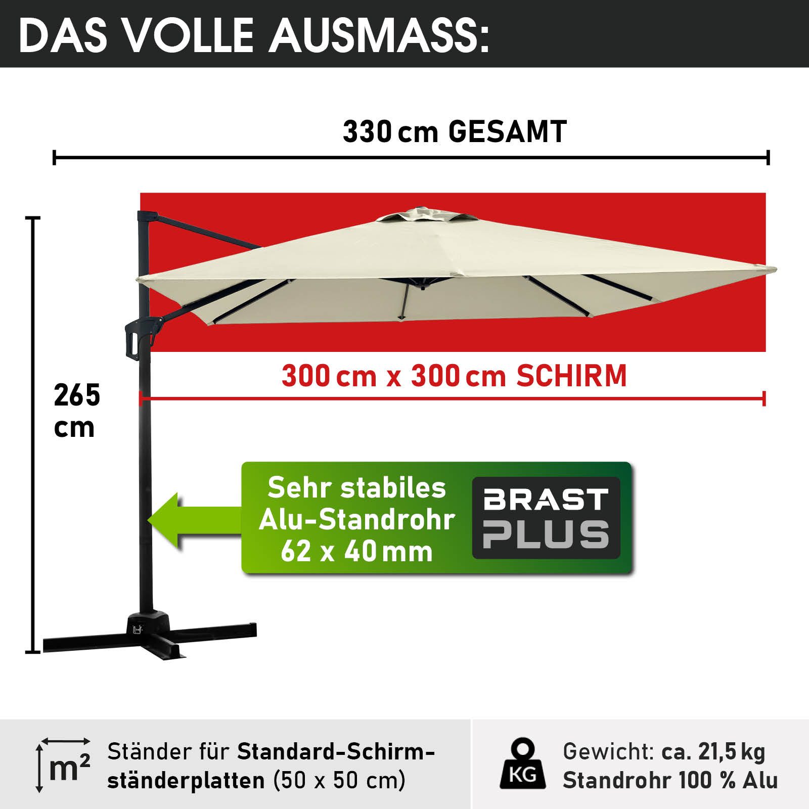 BRAST Sonnenschirm Ampelschirm Alu, UV-Schutz 50+, günstig online kaufen