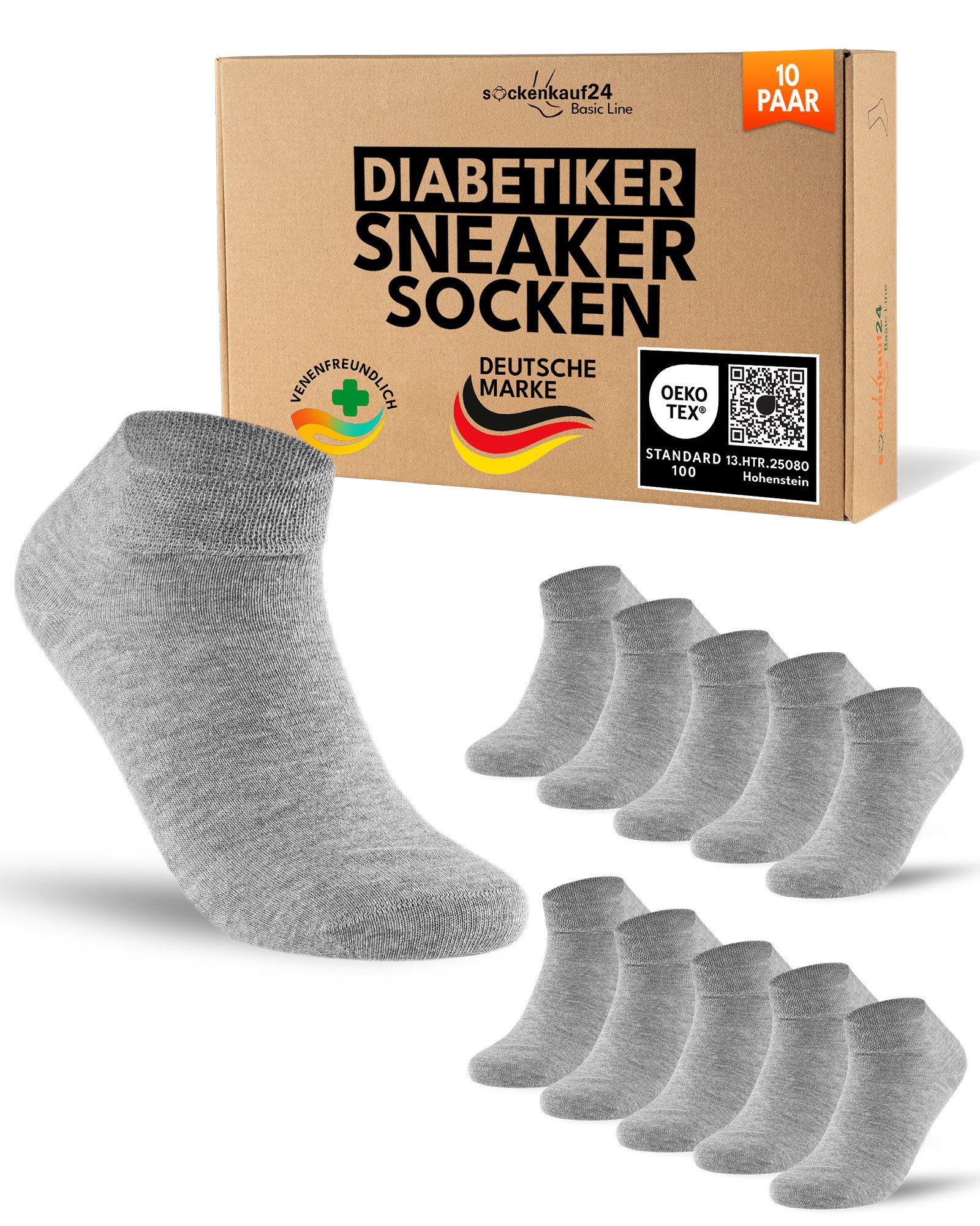 sockenkauf24 Diabetikersocken Sneaker Socken Diabetiker ohne Gummibund & ohne Naht Baumwolle (10-Paar) Diabetiker Socken mit Komfortbund ohne Gummi für Damen & Herren