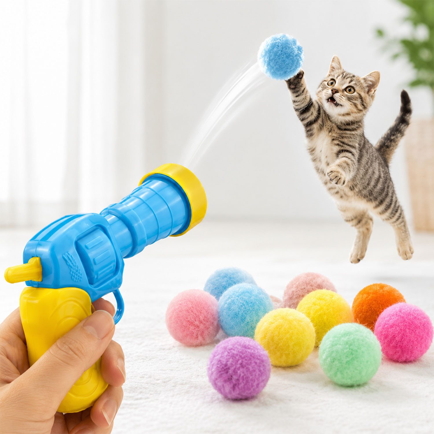 Jungengel Tier-Beschäftigungsspielzeug Katzenspielzeug Ballwerfer interaktiv Spielzeugpistole Katzen, Mechanischer Pompon-Ballwerfer mit 20 weichen Pomponbällen von Jungengel