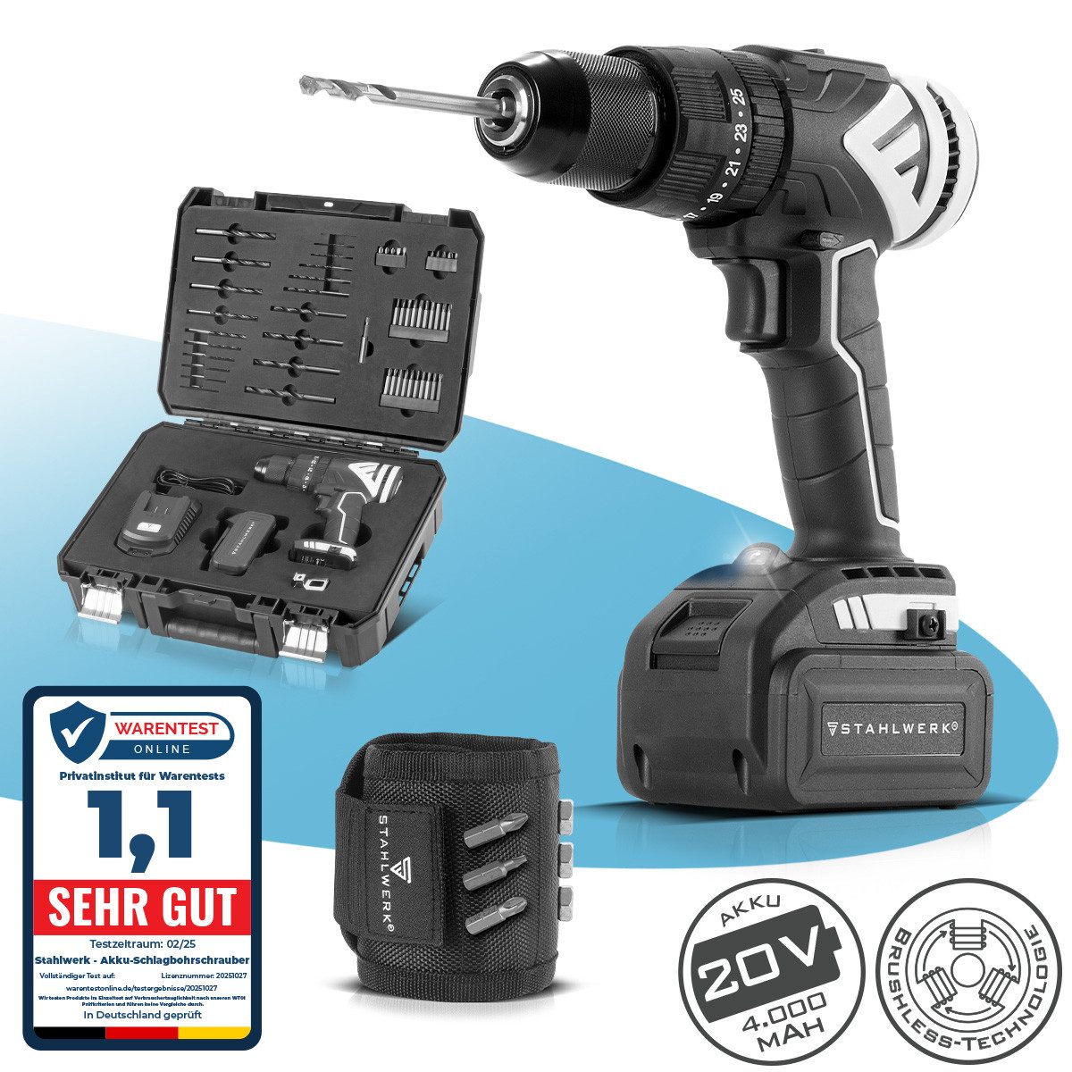STAHLWERK Akku-Bohrschrauber Profi-Set Akku-Bohrschrauber ASB-20 ST mit Handwerker-Magnet-Armband, max. 18000 U/min, (2-tlg), Schweißer-Gripzangen inklusive Transportkoffer