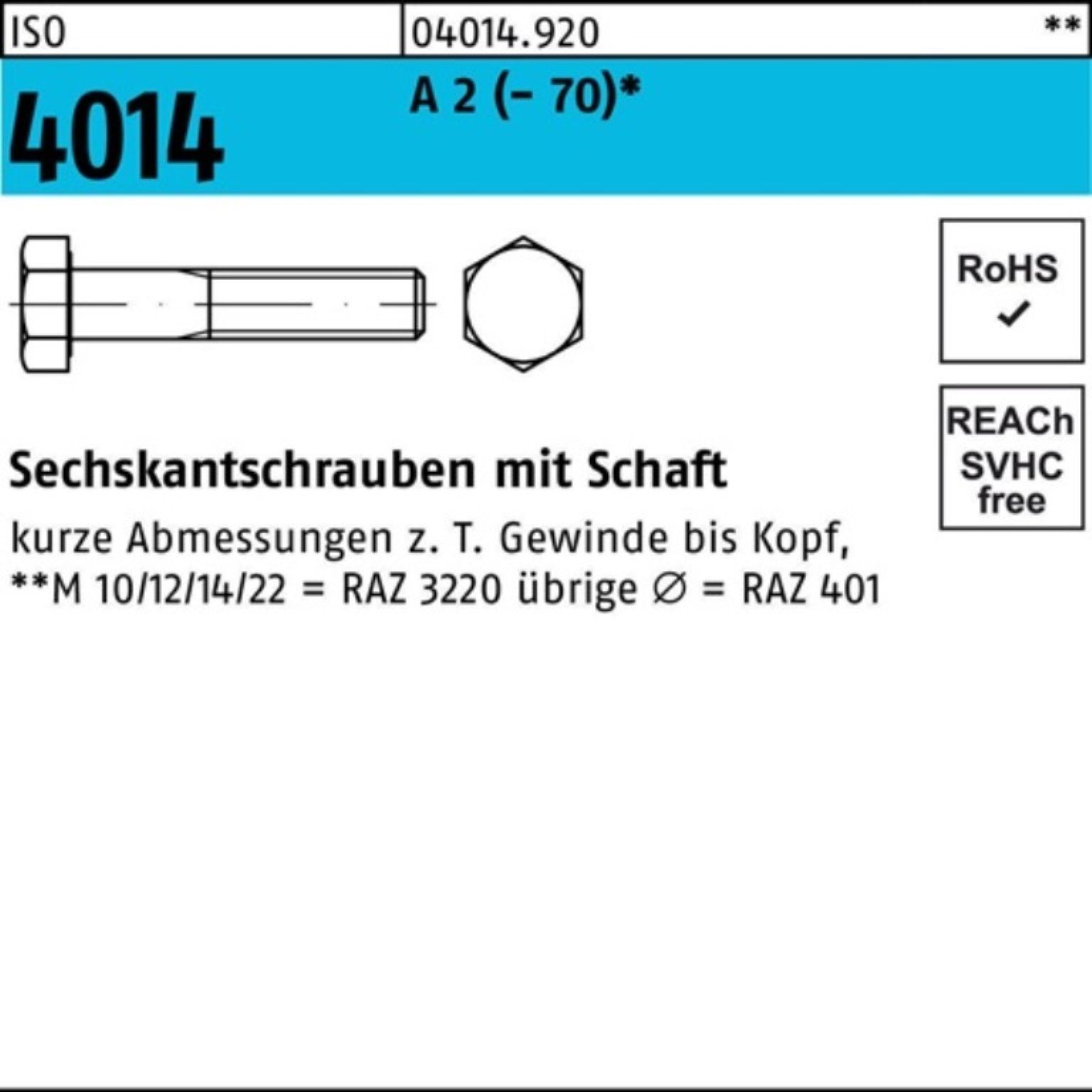 Schaft 2 Sechskantschraube 100er St 45 50 Bufab Sechskantschraube ISO (70) M12x A Pack 4014