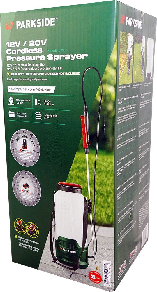 Parkside Akku-Drucksprühgerät 12V / 20V Akku Drucksprüher 5L Behälter PDSA 20 (ohne Akku), Leistungsstarke Pumpe zum schnellen Druckaufbau bis 1,5 bar