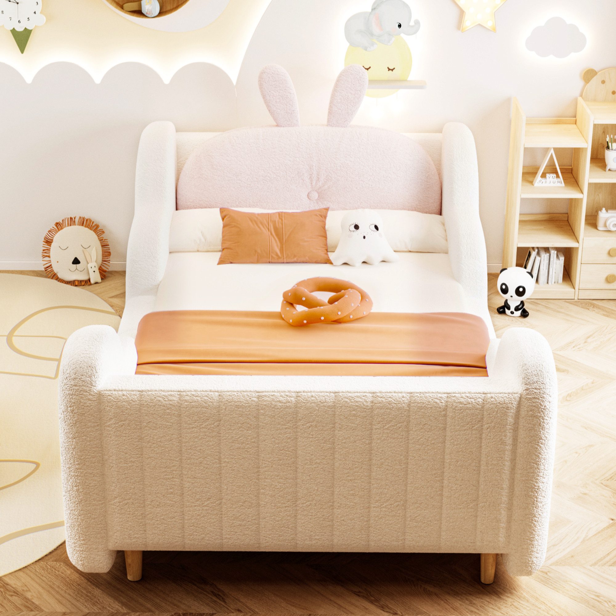 Merax Polsterbett (1-tlg., gepolstertes Plattformbett Bodenbett aus Teddysamt), Kinderbett 90x200 mit Lattenrost, Kaninchenkissen und Rausfallschutz