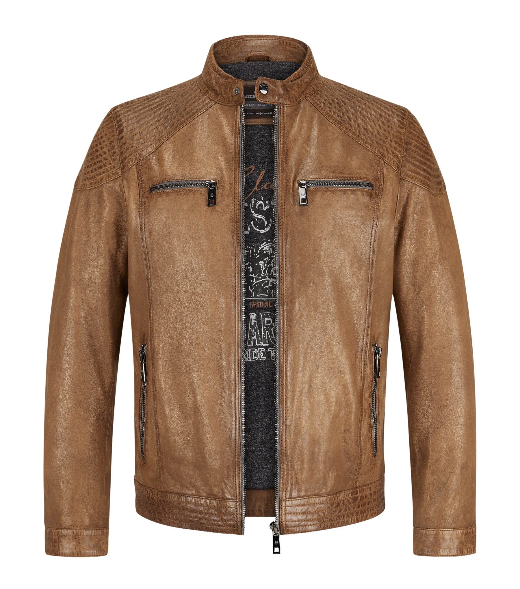 Milestone Lederjacke MSParker Klassische Herren Bikerjacke mit Steppdetails aus Lammnappa