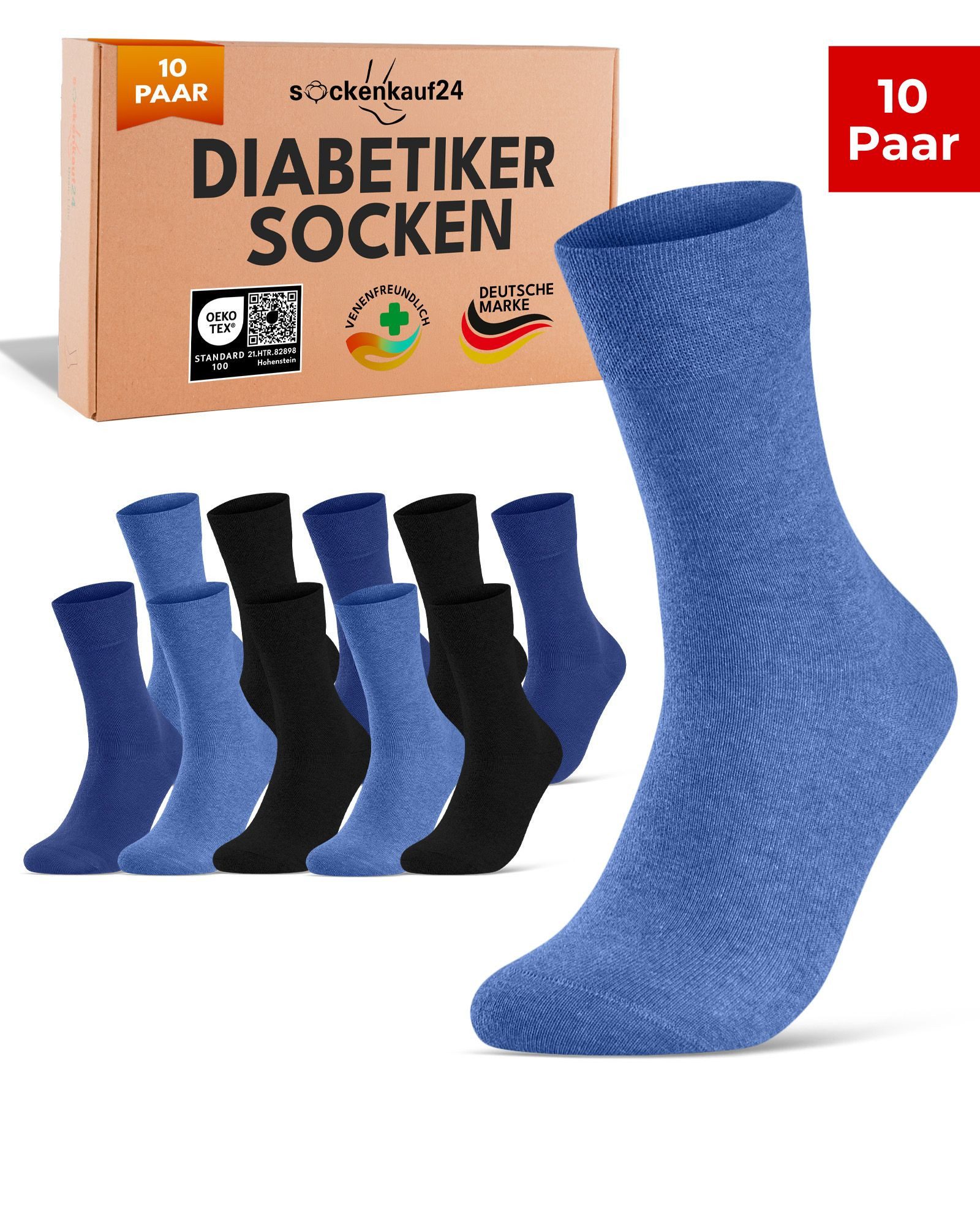 sockenkauf24 Diabetikersocken ohne Gummibund & ohne Naht aus Baumwolle (10-Paar) Diabetiker Socken mit Komfortbund ohne Gummi für Damen & Herren