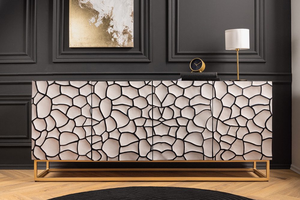 riess-ambiente Sideboard VULCANO 180cm weiß / schwarz / gold (Einzelartikel, 1 St), Wohnzimmer · Massivholz · Metall · Anrichte · 3D-Front · Modern Design