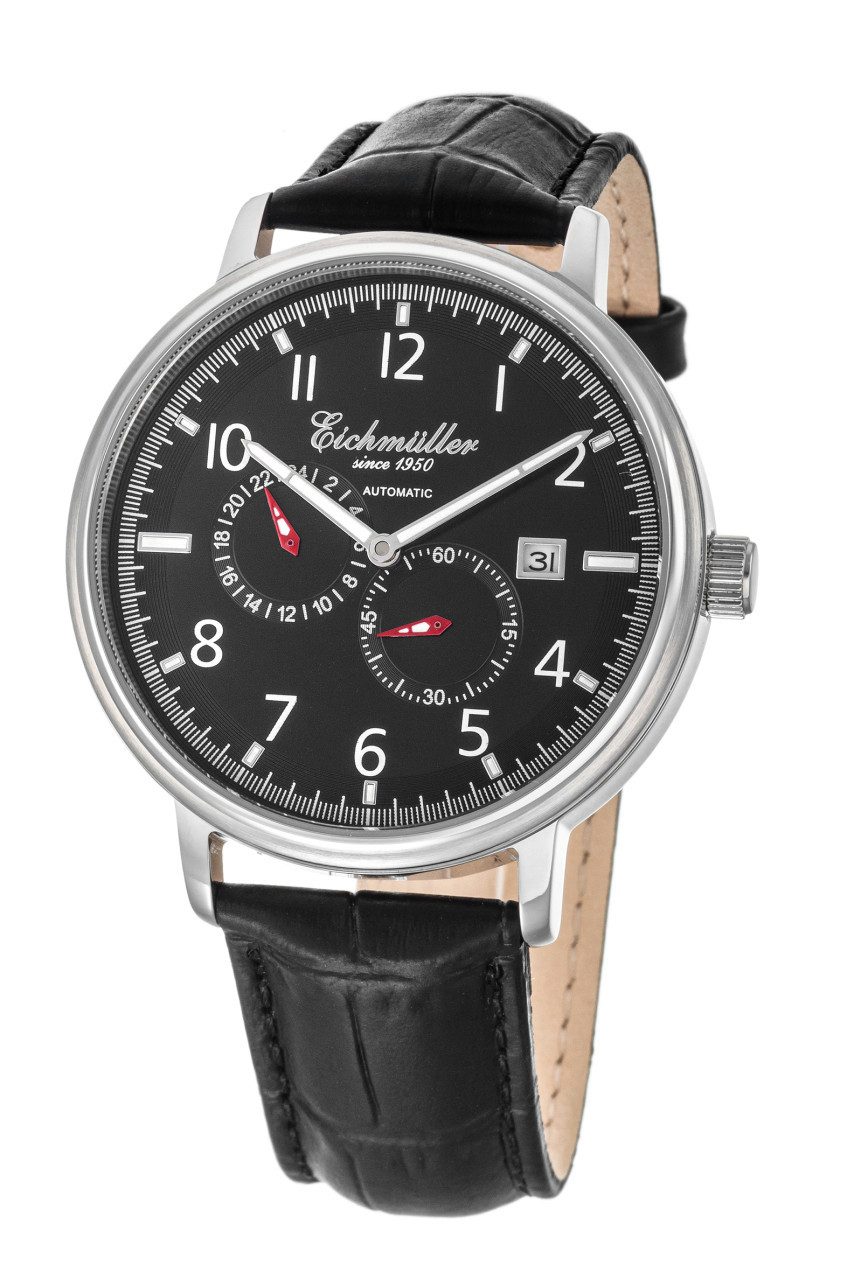 Eichmüller Automatikuhr 42 mm – Herrenuhr mit schwarzem Zifferblatt & Lederband RE7025, Klassische Automatik mit Sichtboden