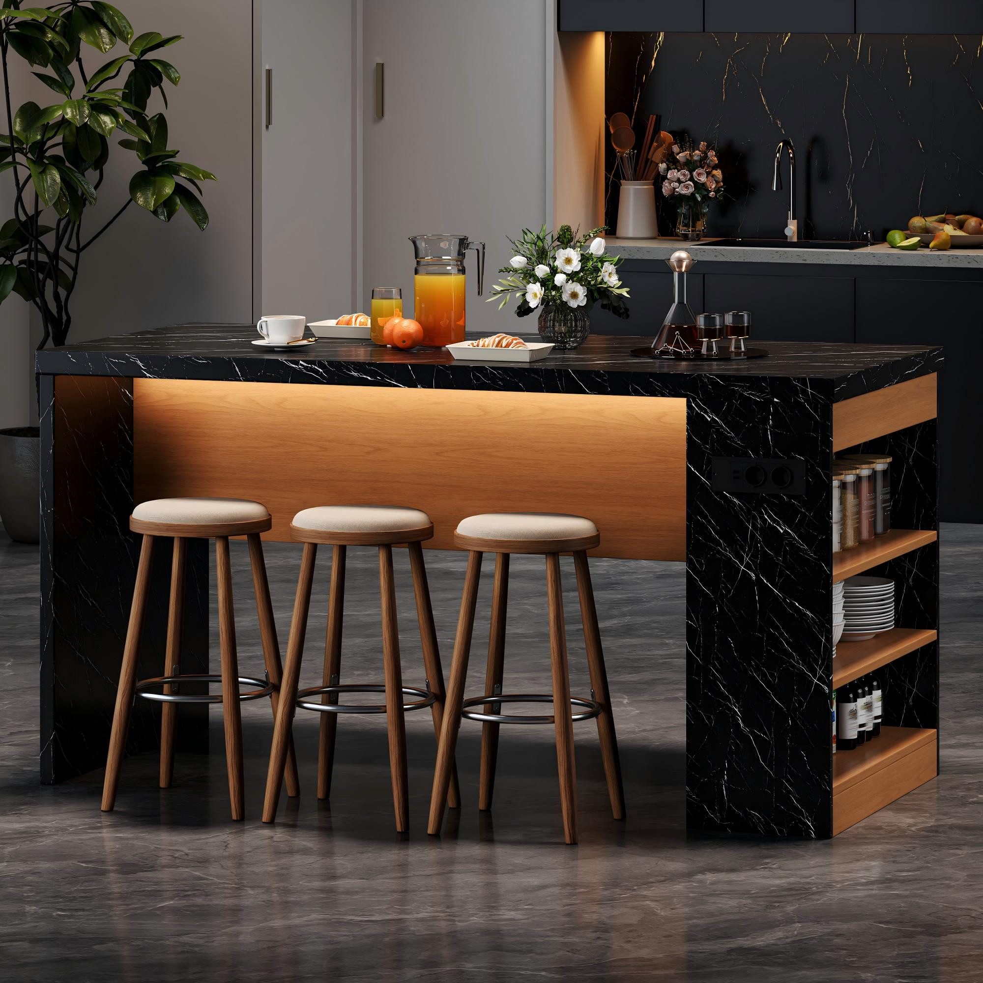 MODFU Kücheninsel mit 40 mm Arbeitsplatte, (LED-Beleuchtung & App-Steuerung, 2AC+2USB Steckdosen und 3 offenen Ablagen – ideal zum Kochen, Backen & Servieren in Küche und Esszimmer für Familien und Hobbyköche)