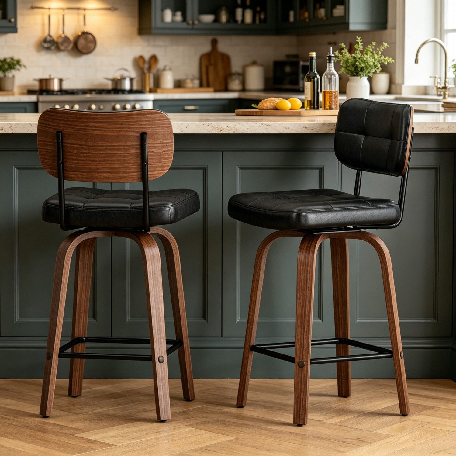ANYSUN Barhocker 2er Set Barstühle mit Rückenlehne,360° Drehbare Hocker mit Fußstütze (Barhocker Curve,mit gebogener Holz-Sichel-Rückenlehne & Metallrahmen), für Kücheninseln oder Frühstückstheken,max. 140 kg