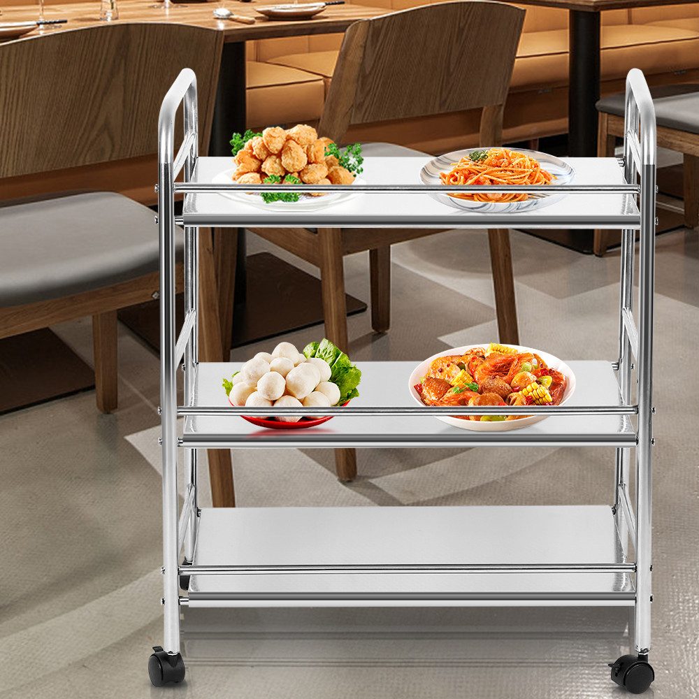 JEOBEST Servierwagen Küchenwagen Edelstahl mit 3 Ablagen Rollwagen 61 x 36 x 75cm, Hotel Servierwagen mit 4 Rädern, Abschließbar Räder, Kapazität 90 kg – Bild 3 von 5