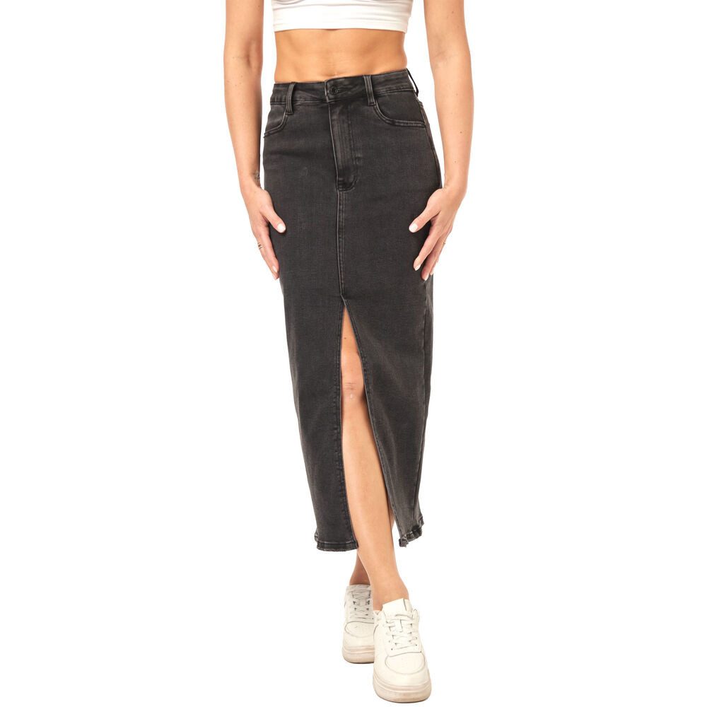 Ital-Design Jeansrock Langer Jeansrock mit Schlitz für Damen im Alltag (90800203) Used-Look Stretch Jeansrock in Schwarz