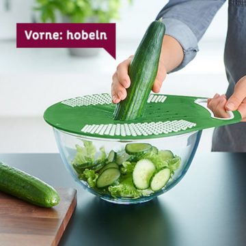 Betty Bossi Gemüsehobel Wende Reibe-Deckel, Kunststoff (lebensmittelsicher), Zweiseitige Reibefläche direkt über Schüsseln D 14-28cm nutzbar