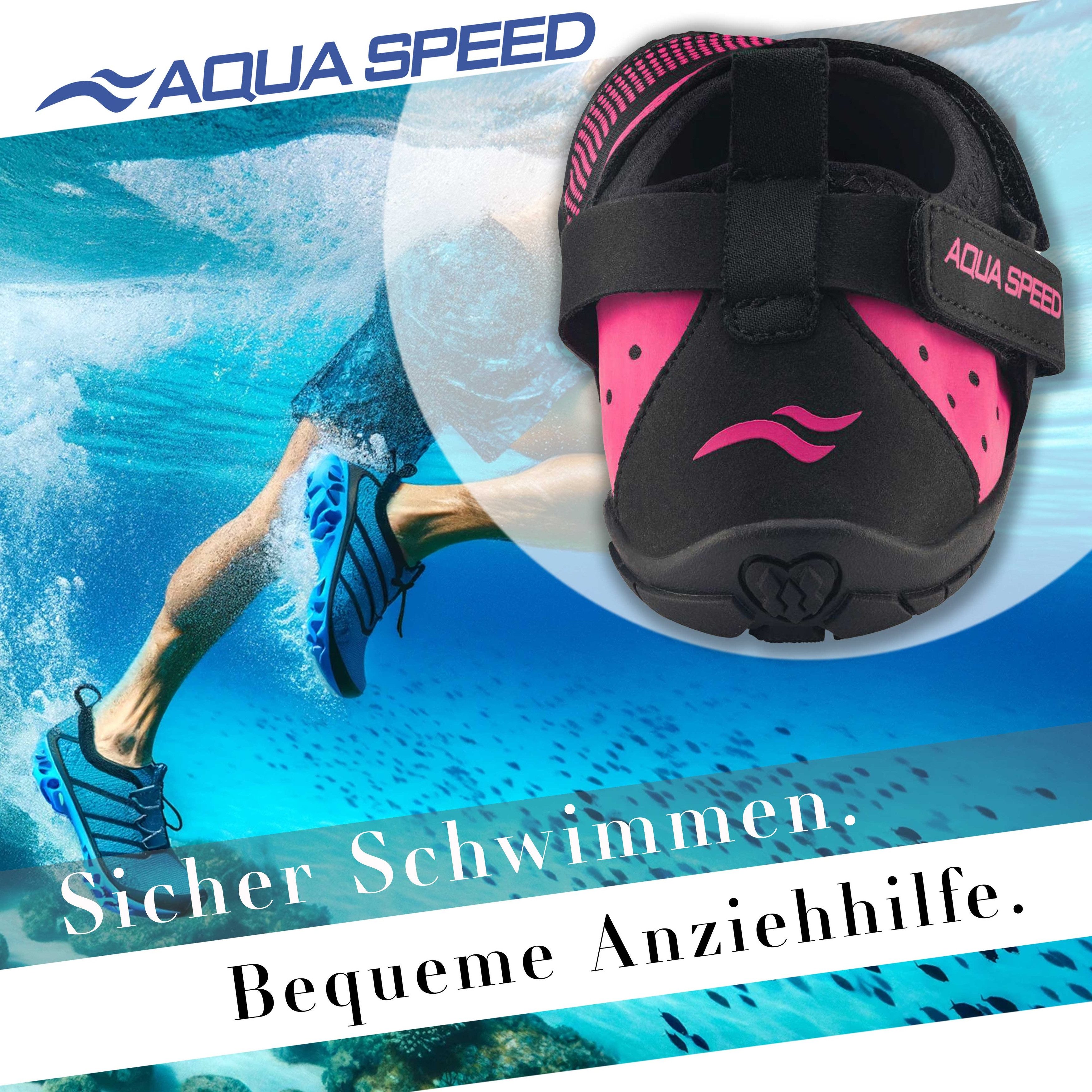 Aqua Speed Badeschuhe AGAMA Gr. 35 – Schwarz/Pink + Handtuch Wasserschuh (Strandschuhe für Kinder – weich, sicher & ideal für Urlaubstage) Flexibel & schnelltrocknend – Für Sport, Strand & Urlaub