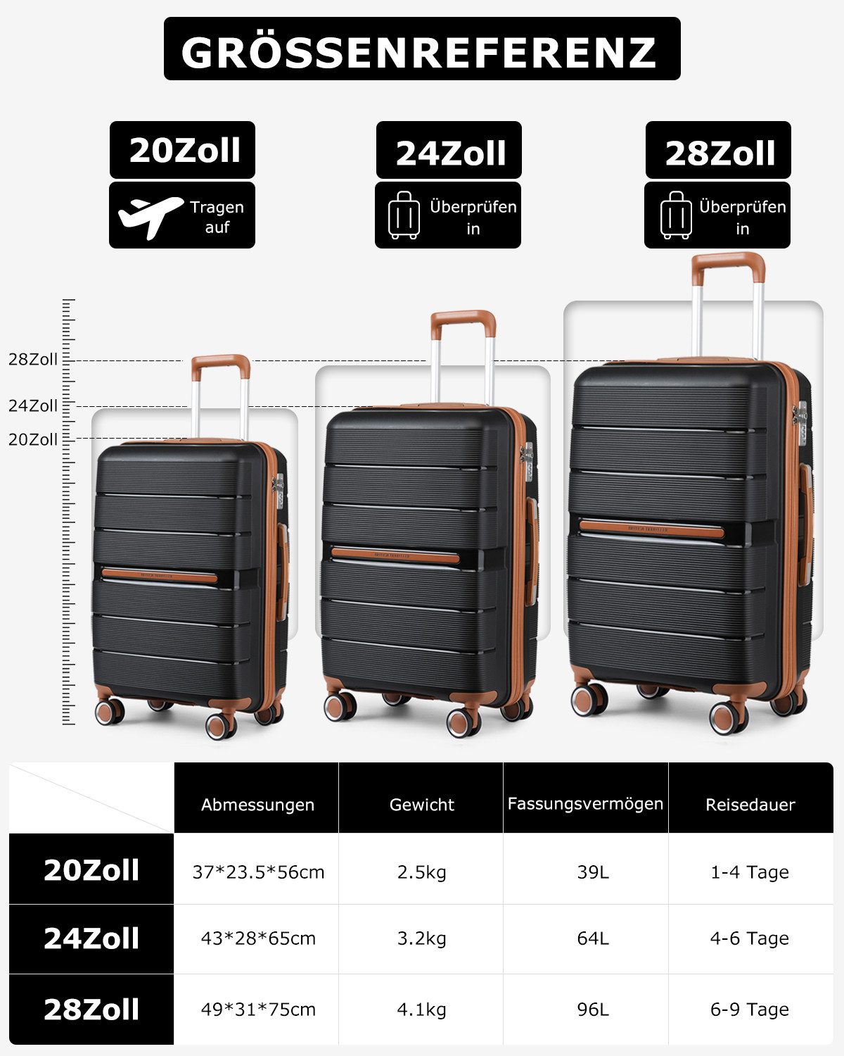 British Traveller Handgepäck-Trolley Reisekoffer Hartschalenkoffer aus 100% PP 8 Spinnerräder, TSA-Schloss