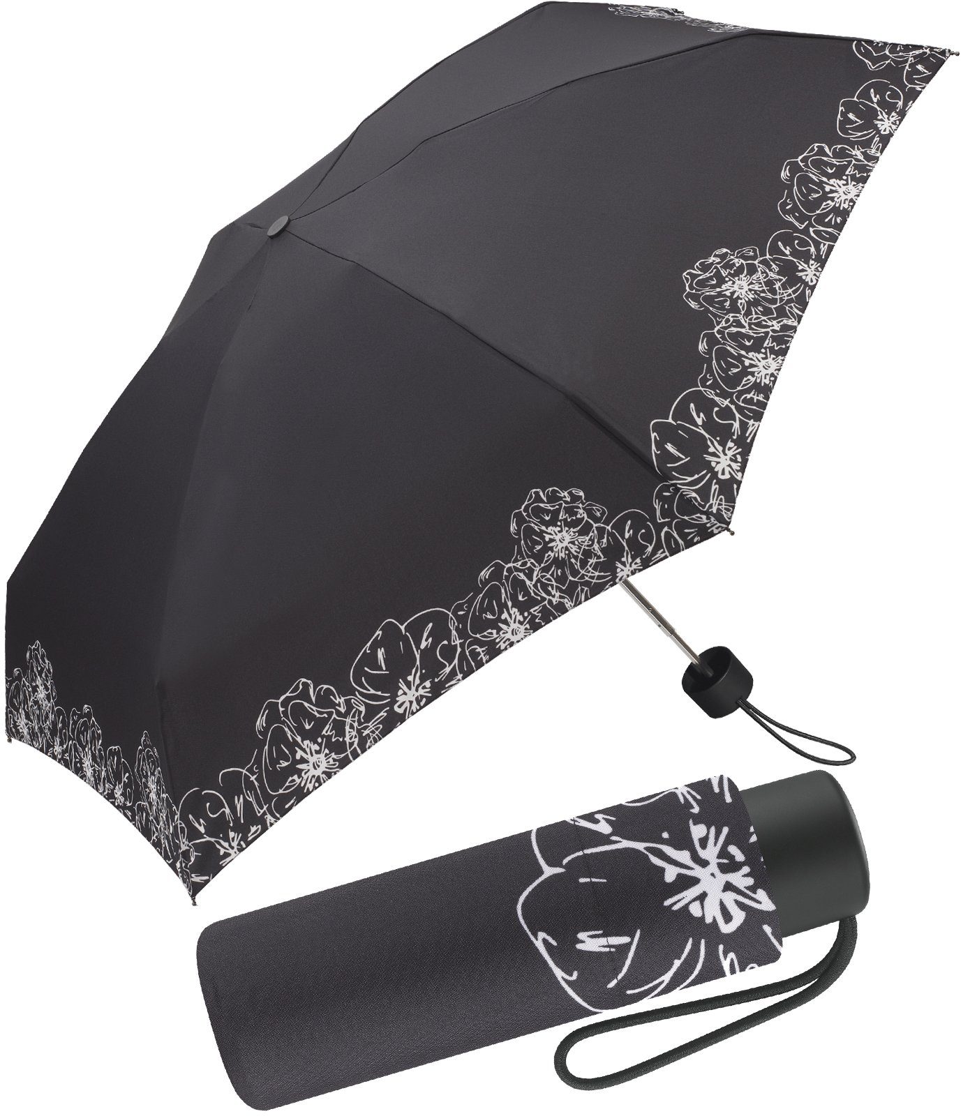Pierre Cardin Taschenregenschirm Petito Black & White Flower Border, elegant und stilvoll