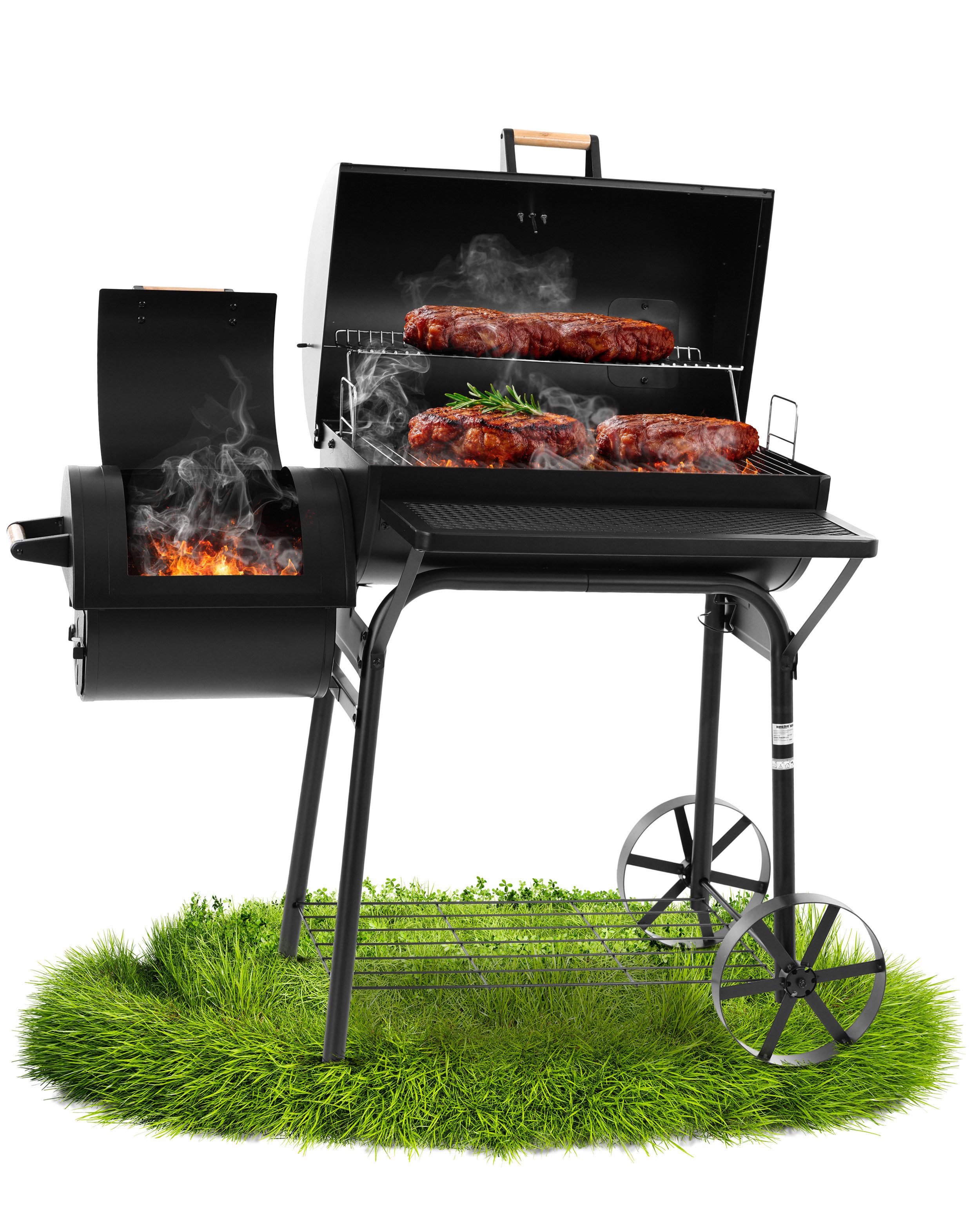 Hecht Smoker Grillwagen Holzkohlegrill XXL mit Thermometer 2 Brennkammern, mit Deckel, Porzellanbeschichtet
