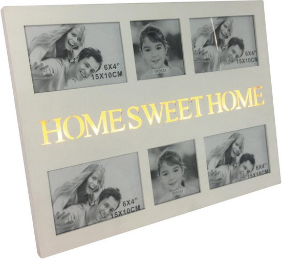 Myflair Möbel & Accessoires LED-Bilderrahmen, für 6 Bilder, Collage Fotorahmen, weiß, mit beleuchtetem Schriftzug " Home Sweet Home", Bildformat 4x 10/15 cm & 2x 10/10 cm