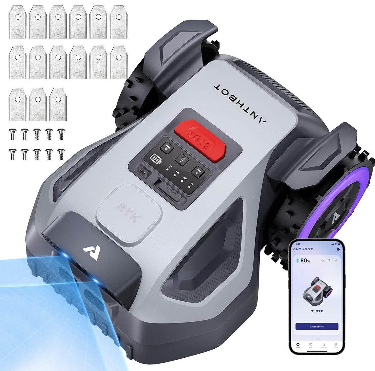 ANTHBOT Rasenmähroboter M9 Mähroboter mit RTK-Navigation & HDR-Dual-Vision, bis 1200 m² Rasenfläche, (mit Ersatzklingen-Set, KI-Hindernisvermeidung), App-Steuerung, Rasenroboter mit 45% Steigung