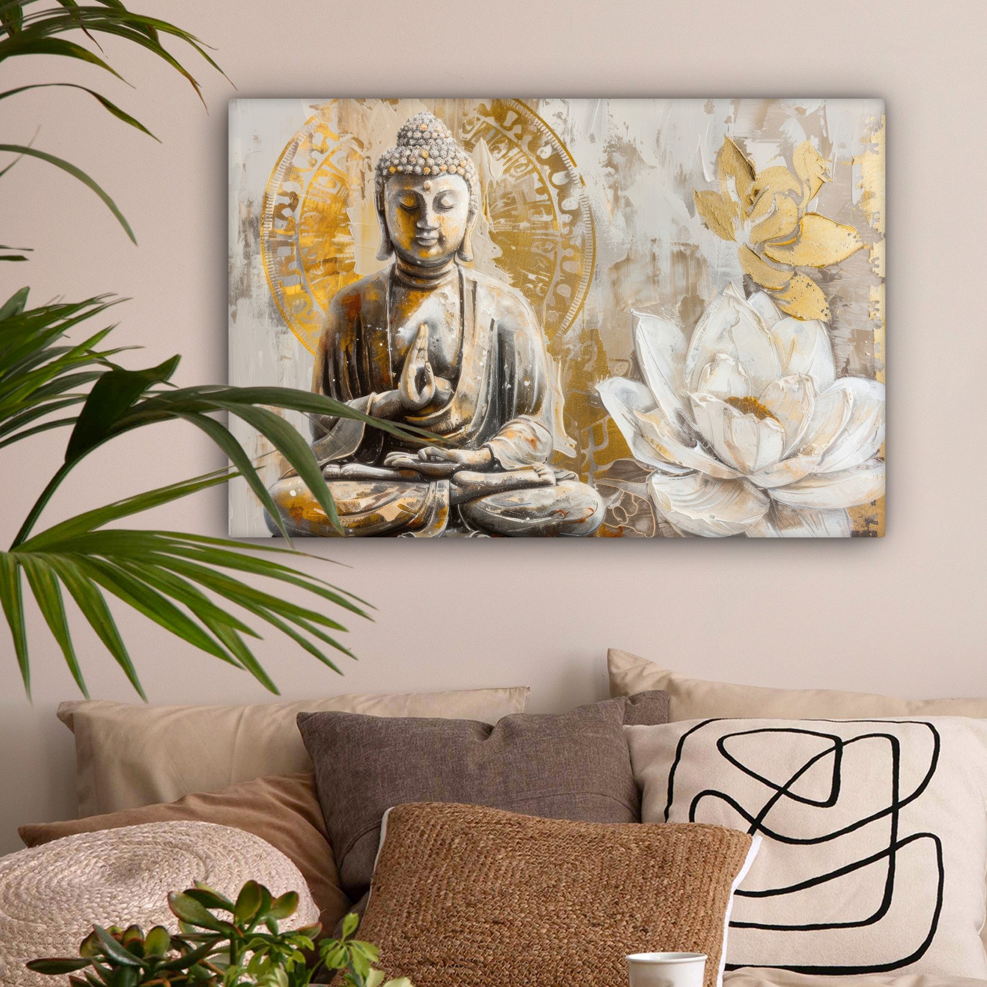 OneMillionCanvasses® Leinwandbild Buddha - Blume - Lotusblume - Weiß - Gold - Zen, Fotodruck (1 St), Leinwände Wanddeko Wohnzimmer Schlafzimmer 60x40 cm