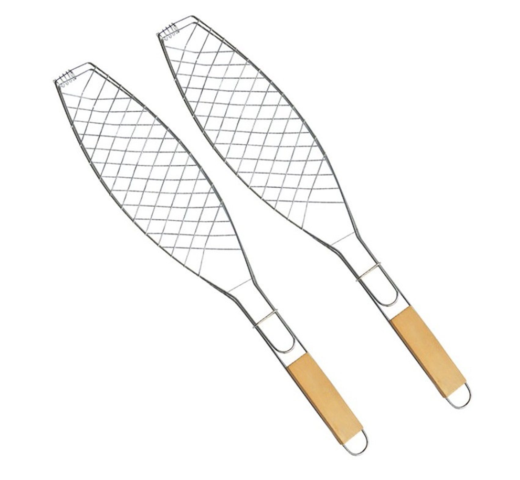 BAYLI Grillspieß 2er Set Fischbräter, 36 x 15 cm Fischgriller mit Holzgriff, Fischko