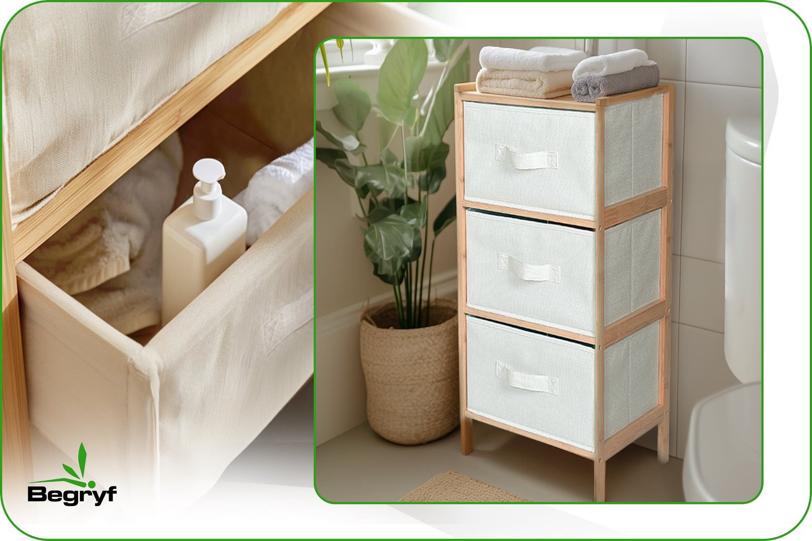 BEGRYF Badregal Bambusregal mit 3 Stoffschubladen Natur Beige 37 x 35 x 79 cm – Bild 4 von 5