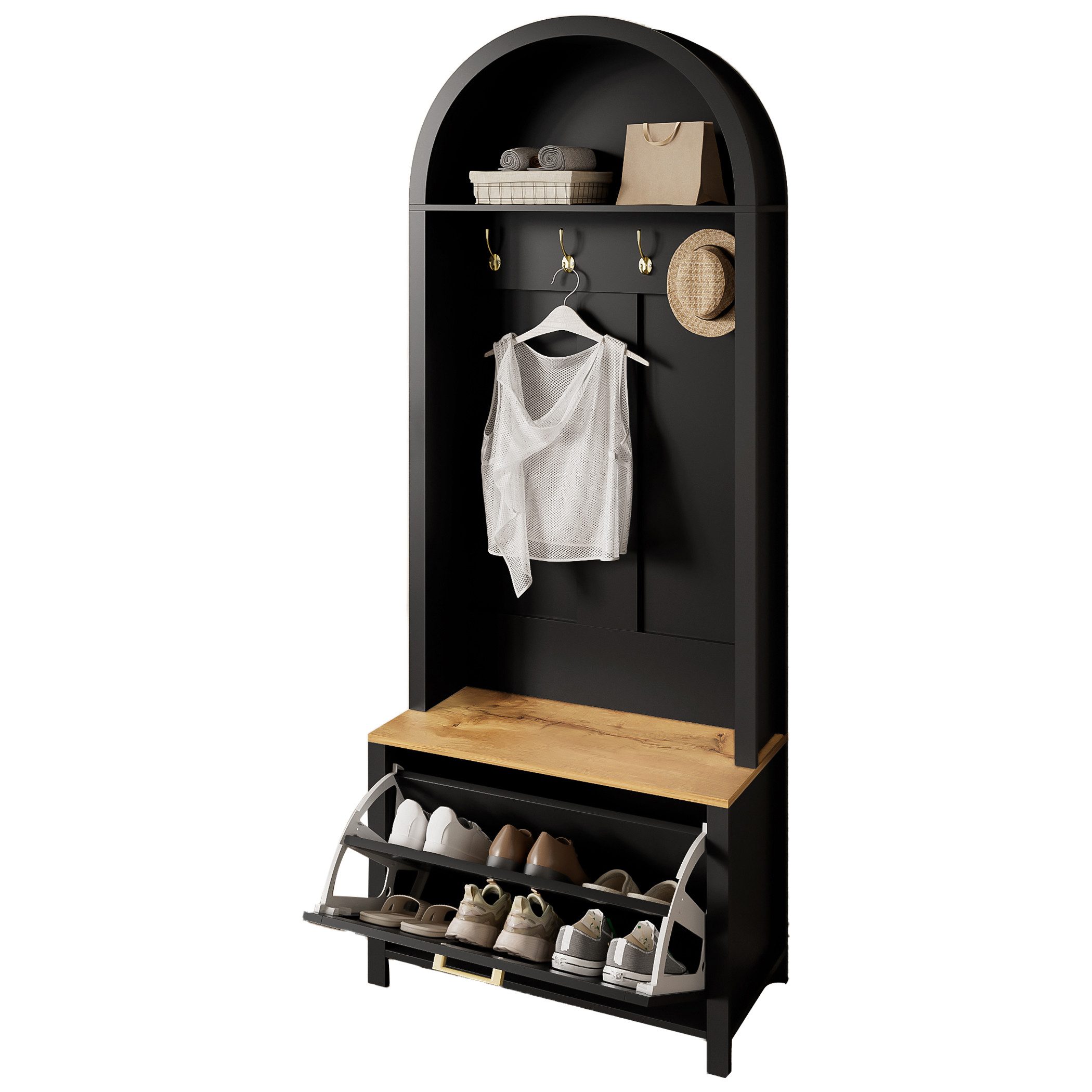 SeedWave Garderobe Bogen Standgarderobe, 1 offenes Fach, 4 Doppelhaken, 1 Schuhkipper, Standgarderobe inkl. Kippschutz-Set