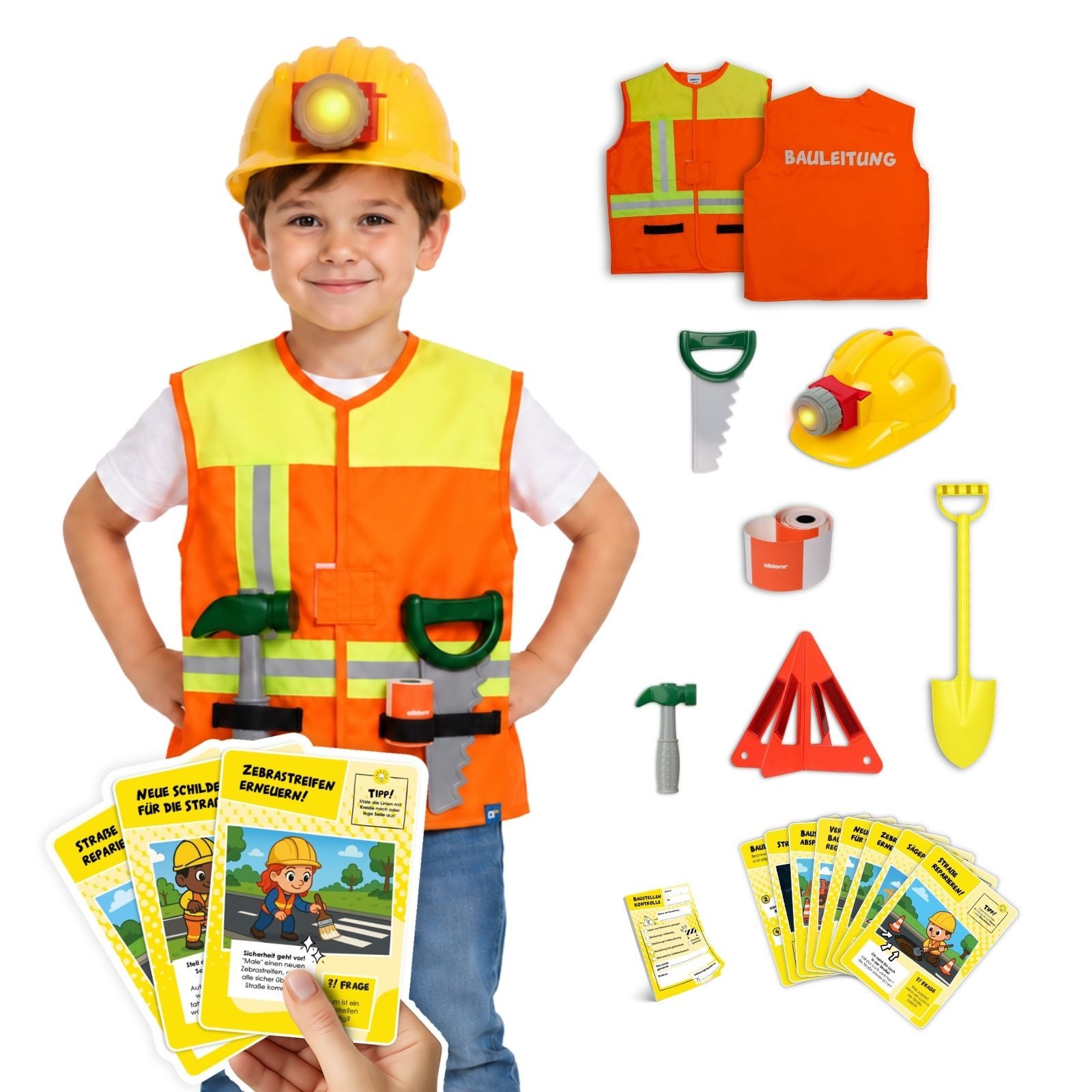 alldoro Spielzeug-Schutzweste Bauleitung Rollenspiel & Lernset, Bauleiter-Kostüm f. Kinder 3-6 Jahre, 9 Teile, Verkleidung mit Weste, Helm, Zubehör & 8 Lernkarten