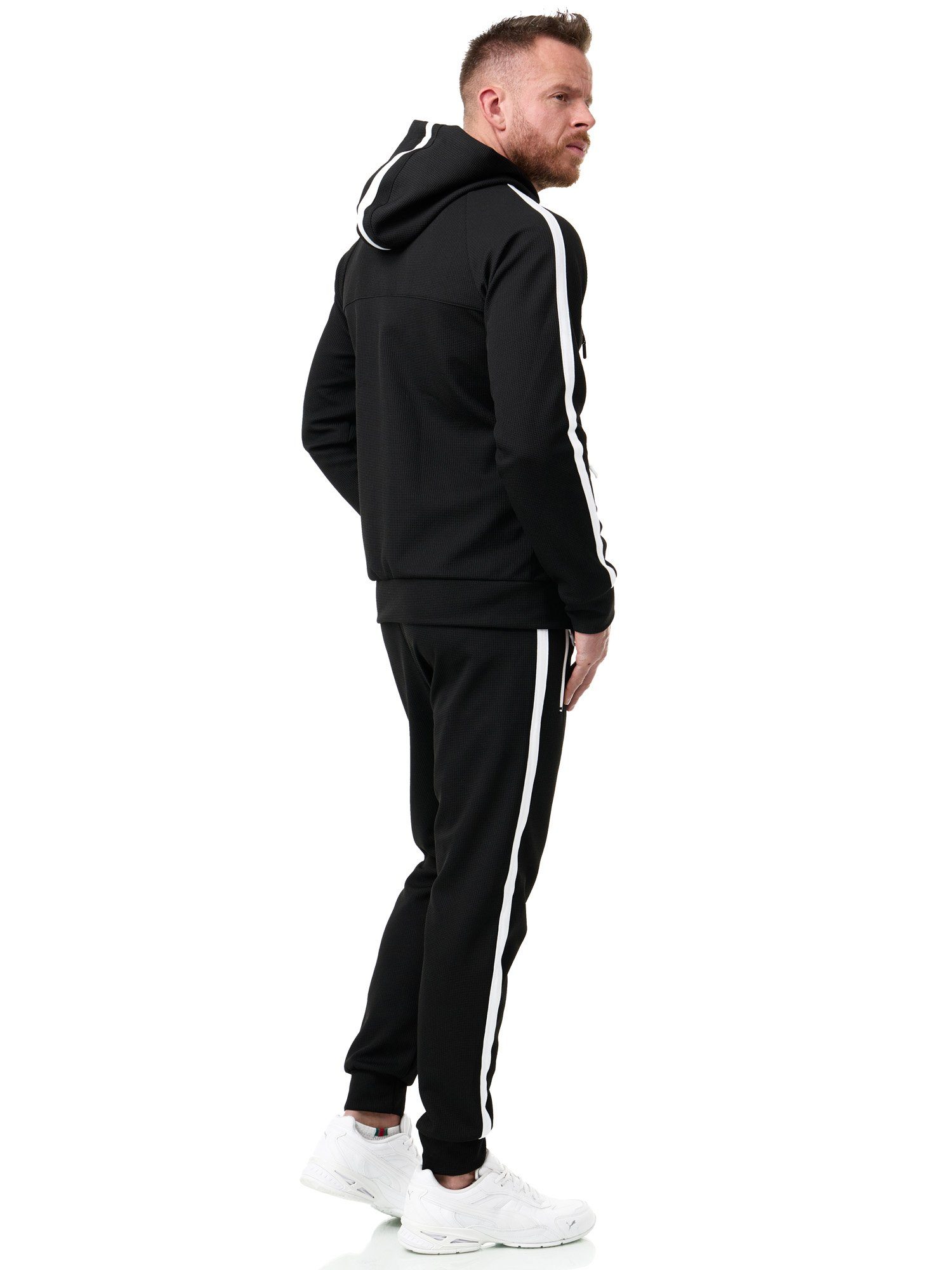 L.gonline Freizeitanzug Herren Jogginganzug Freizeitanzug Sportlich 3750 (Kapuzenjacke mit Reißverschluss, Hose, 2-tlg), mit Streifen